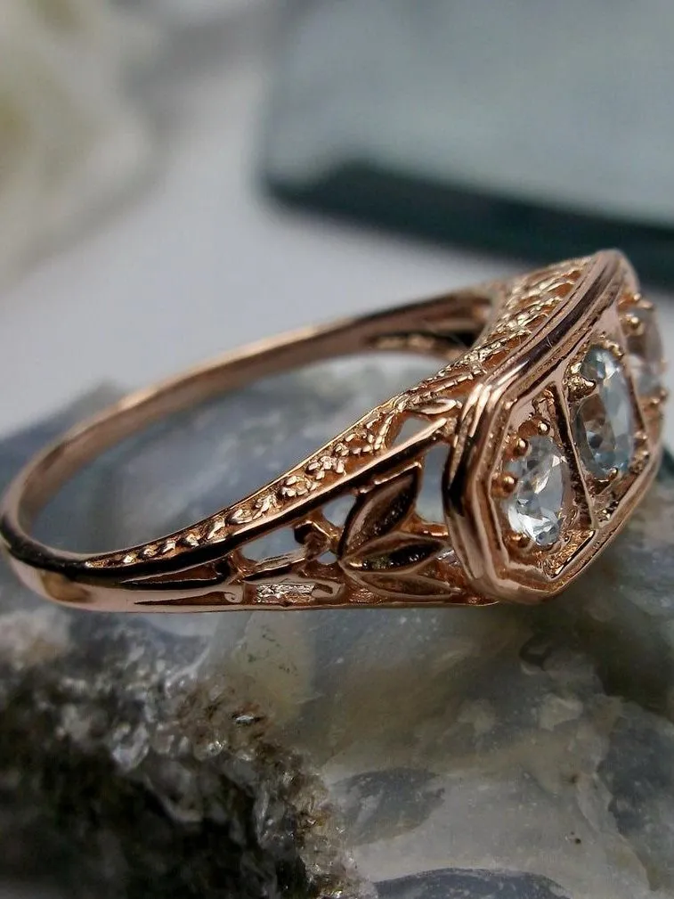 Natural Blue Topaz Ring, Rose Gold plated Sterling Silver Lily Leaf Filigree, Edwardian Jewelry #D197