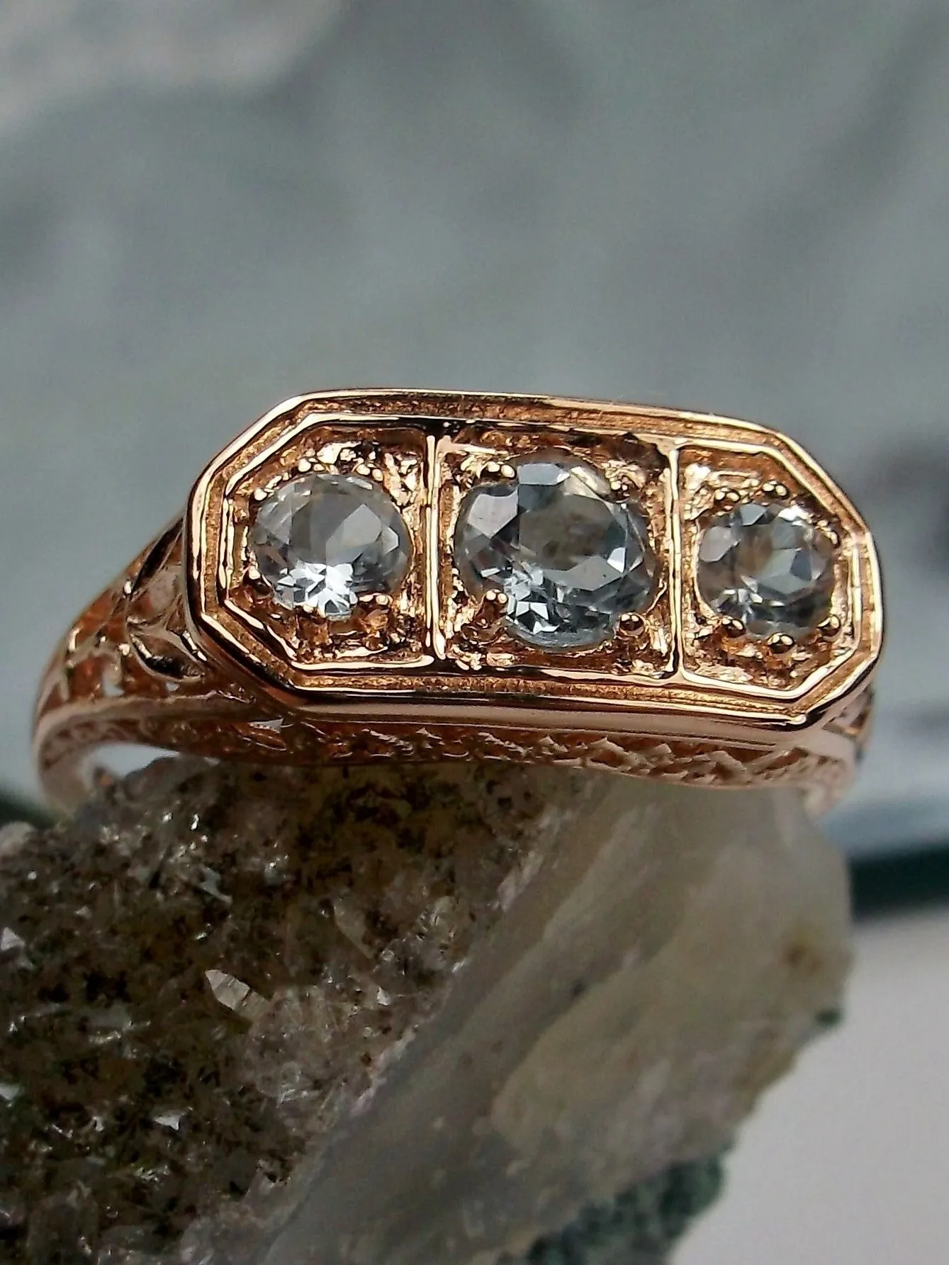 Natural Blue Topaz Ring, Rose Gold plated Sterling Silver Lily Leaf Filigree, Edwardian Jewelry #D197