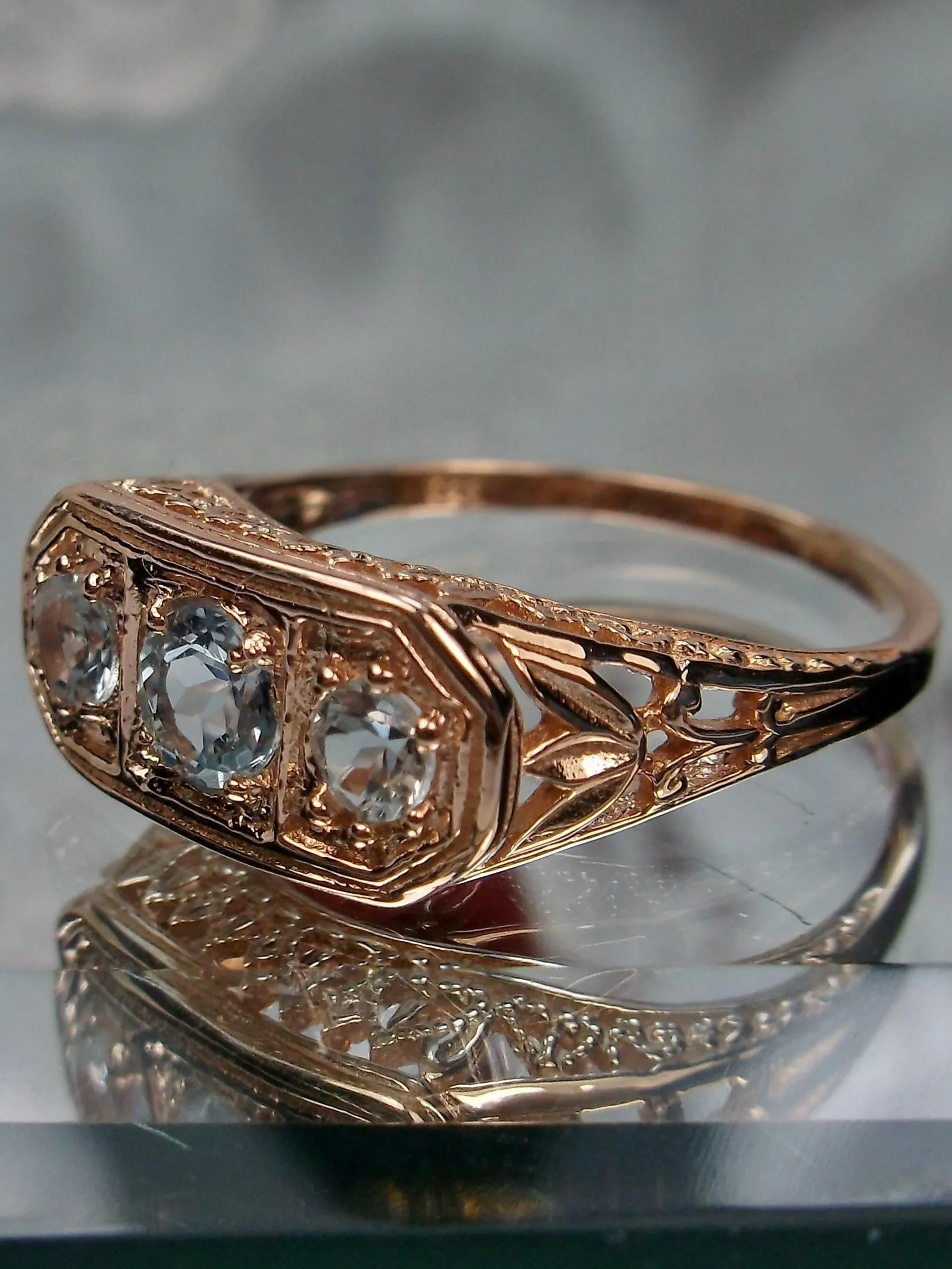 Natural Blue Topaz Ring, Rose Gold plated Sterling Silver Lily Leaf Filigree, Edwardian Jewelry #D197