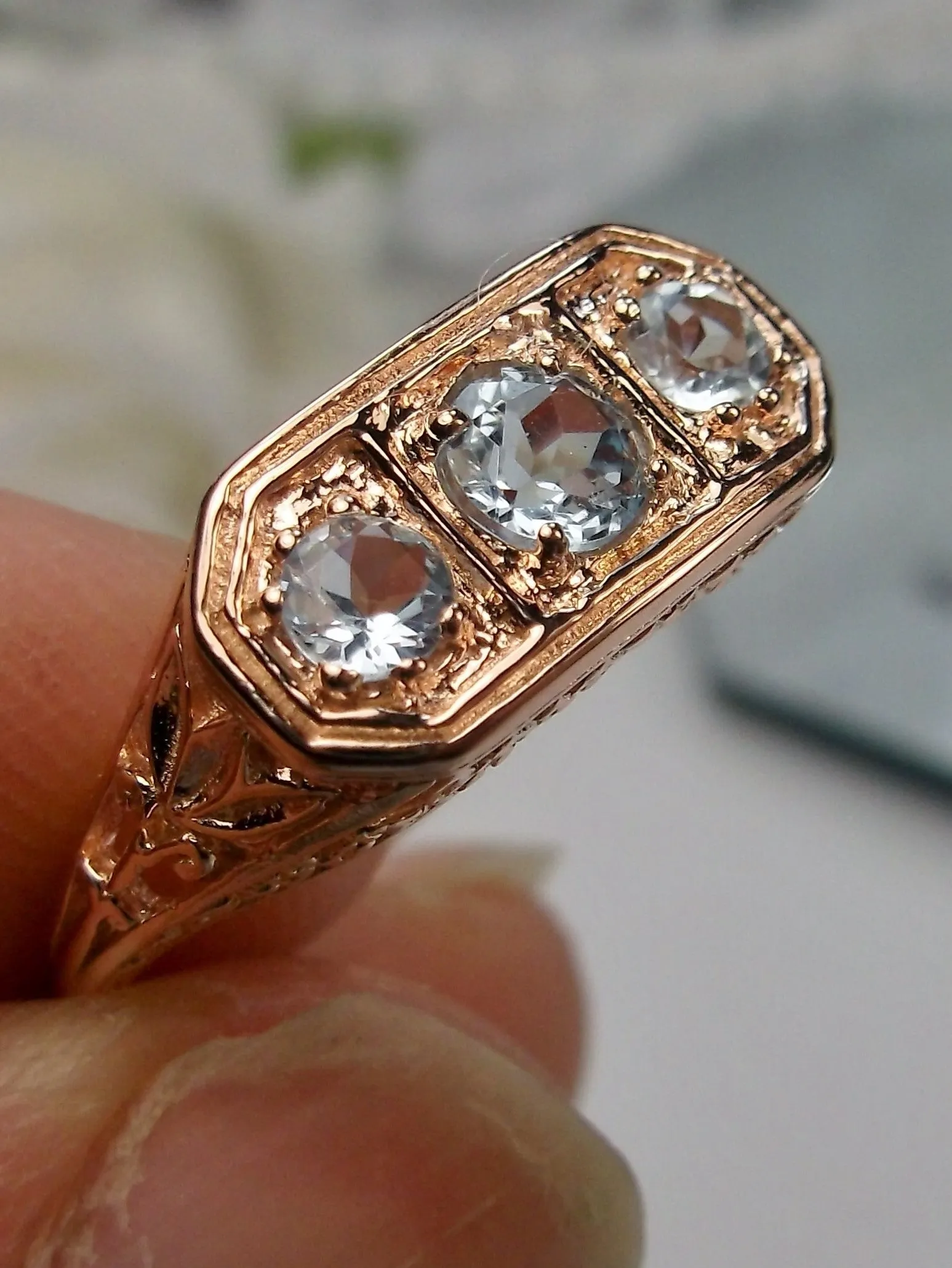 Natural Blue Topaz Ring, Rose Gold plated Sterling Silver Lily Leaf Filigree, Edwardian Jewelry #D197