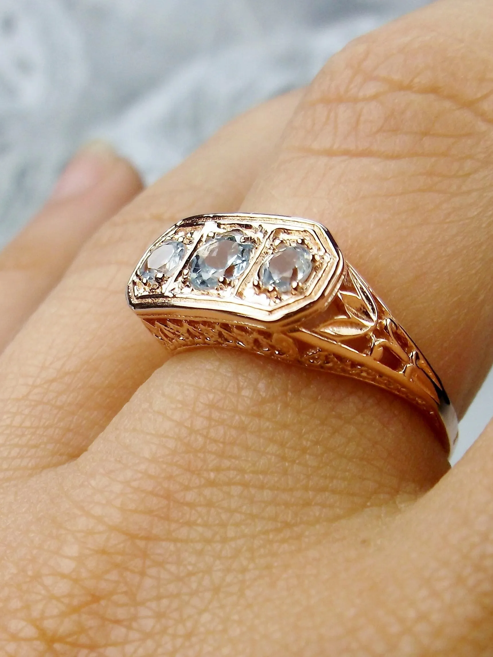 Natural Blue Topaz Ring, Rose Gold plated Sterling Silver Lily Leaf Filigree, Edwardian Jewelry #D197