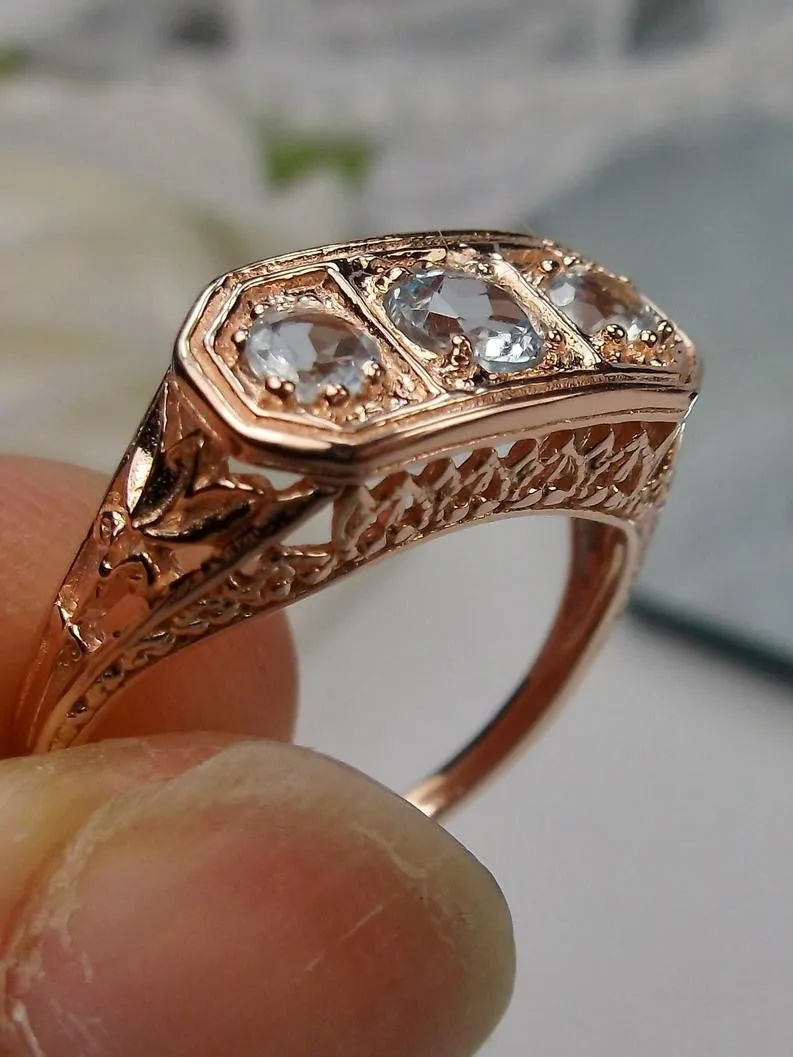 Natural Blue Topaz Ring, Rose Gold plated Sterling Silver Lily Leaf Filigree, Edwardian Jewelry #D197