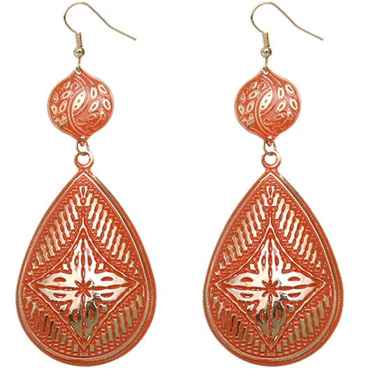 Orange Floral Teardrop Drop Earrings