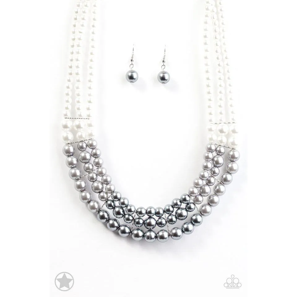 Paparazzi "Lady In Waiting"  White, Silver, Gray Pearl Necklace & Earring Set