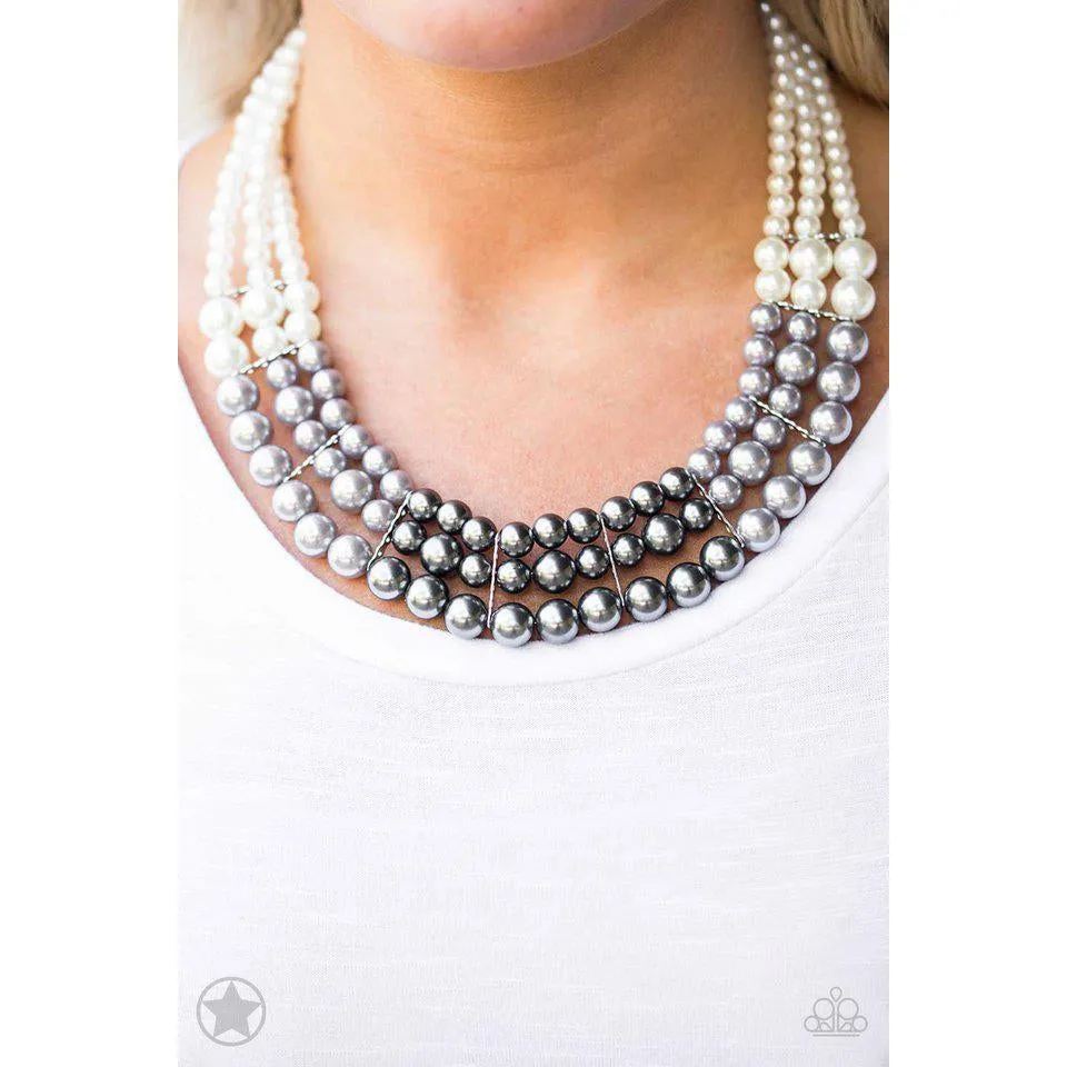 Paparazzi "Lady In Waiting"  White, Silver, Gray Pearl Necklace & Earring Set