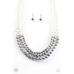 Paparazzi "Lady In Waiting"  White, Silver, Gray Pearl Necklace & Earring Set