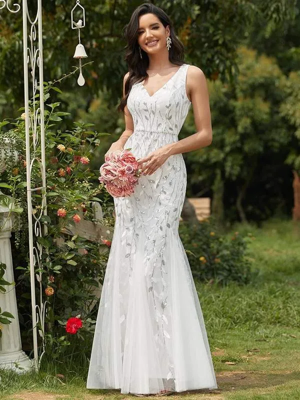 Paula tulle wedding dress with sequin leaf pattern in white