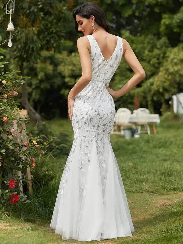 Paula tulle wedding dress with sequin leaf pattern in white
