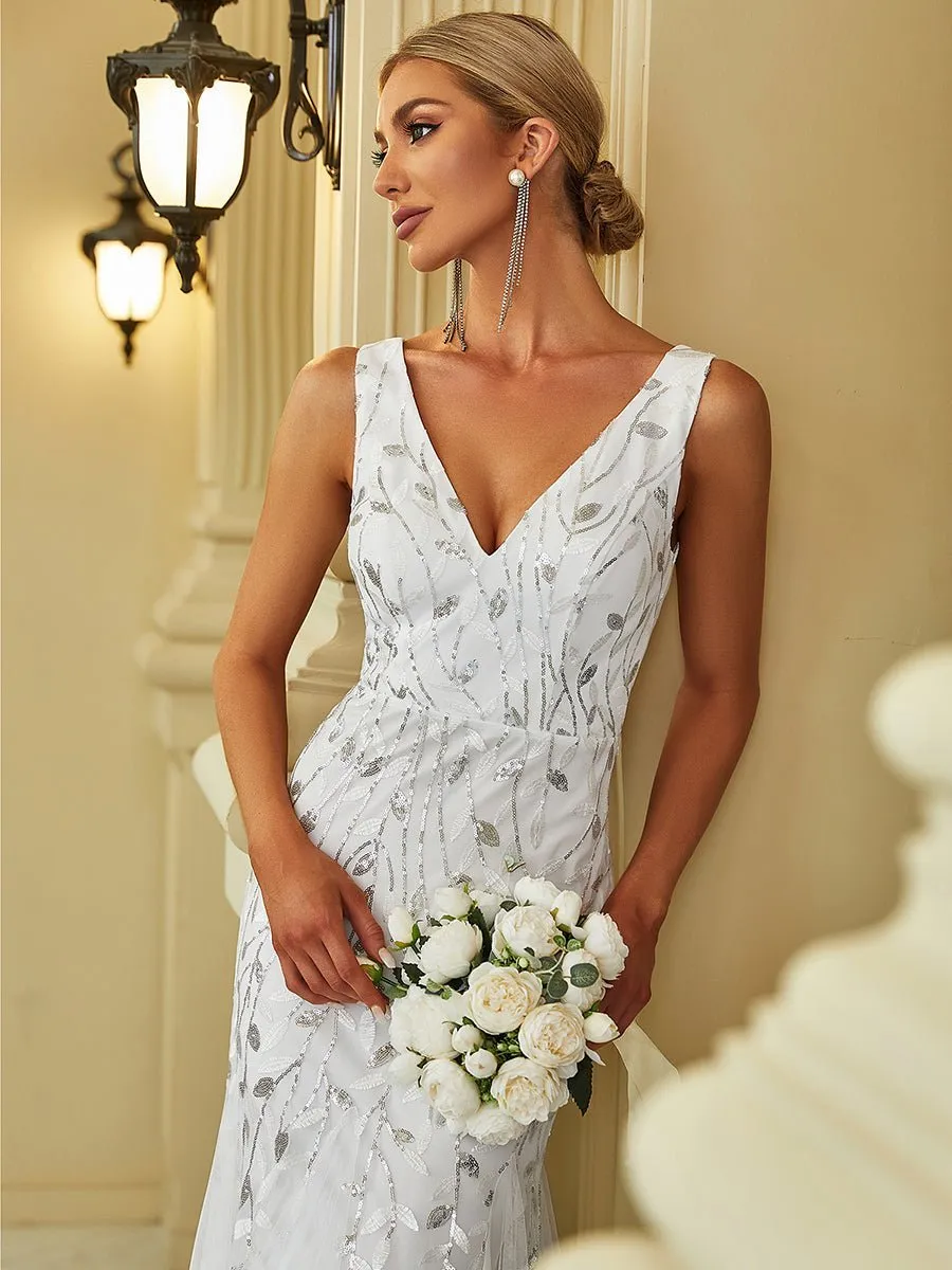 Paula tulle wedding dress with sequin leaf pattern in white