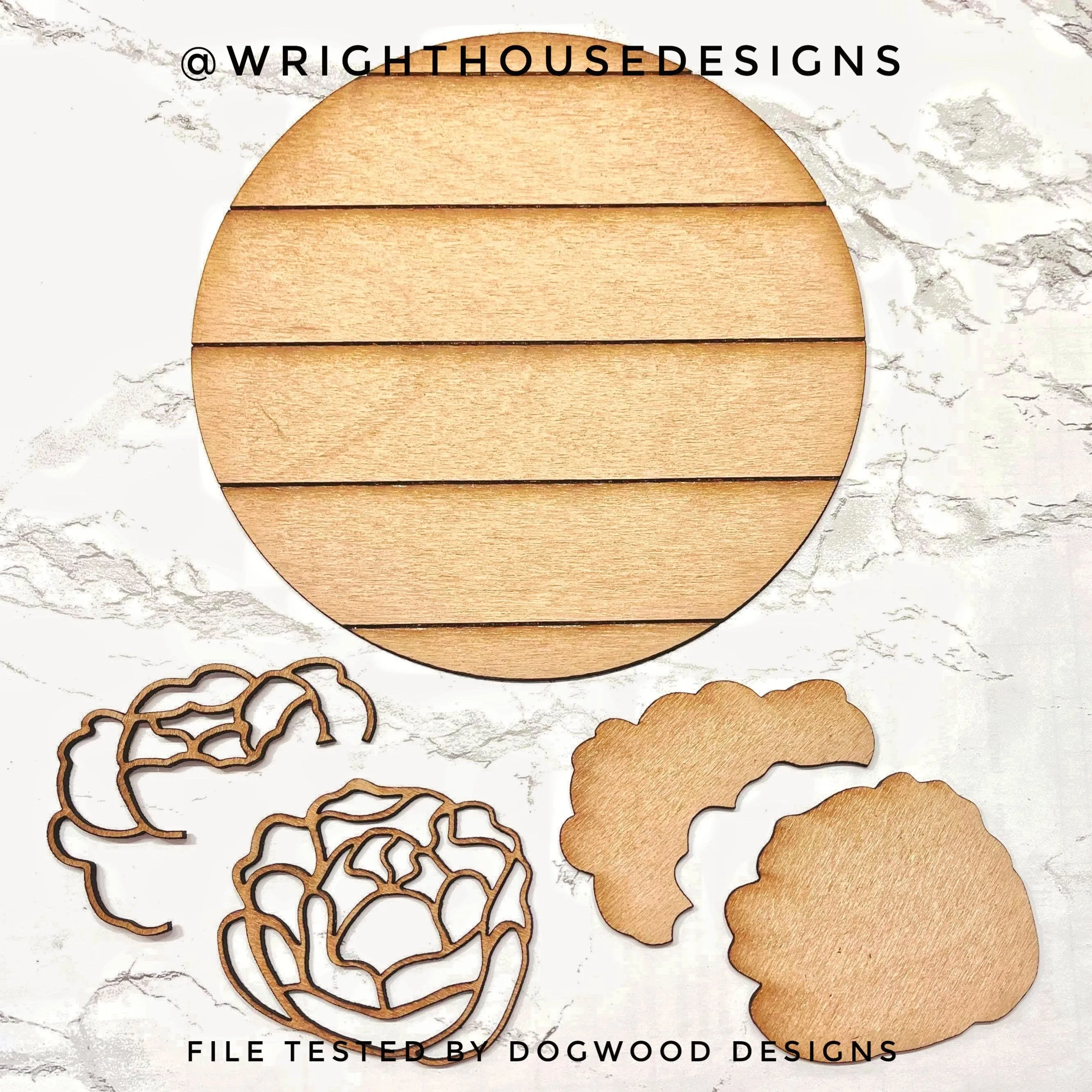 Peony Simple Floral Shelf Sitter Sign - Round Sign Making and DIY Kits - Beginner Cut File For Glowforge Lasers - Digital SVG File