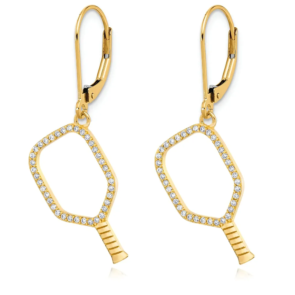 Pickleball Earrings | CZ Open Paddle in Gold Plate Leverbacks