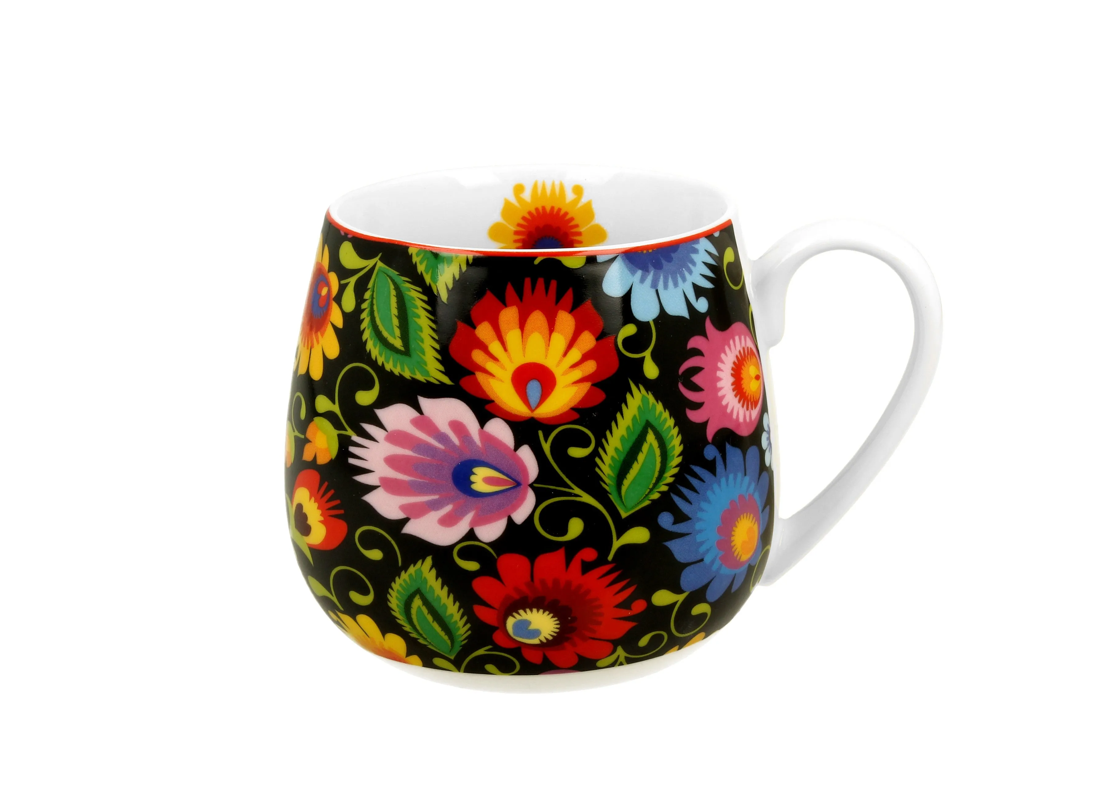 Polish Folk Art Porcelain Barrel Mug, 430ml - Lowicz Black