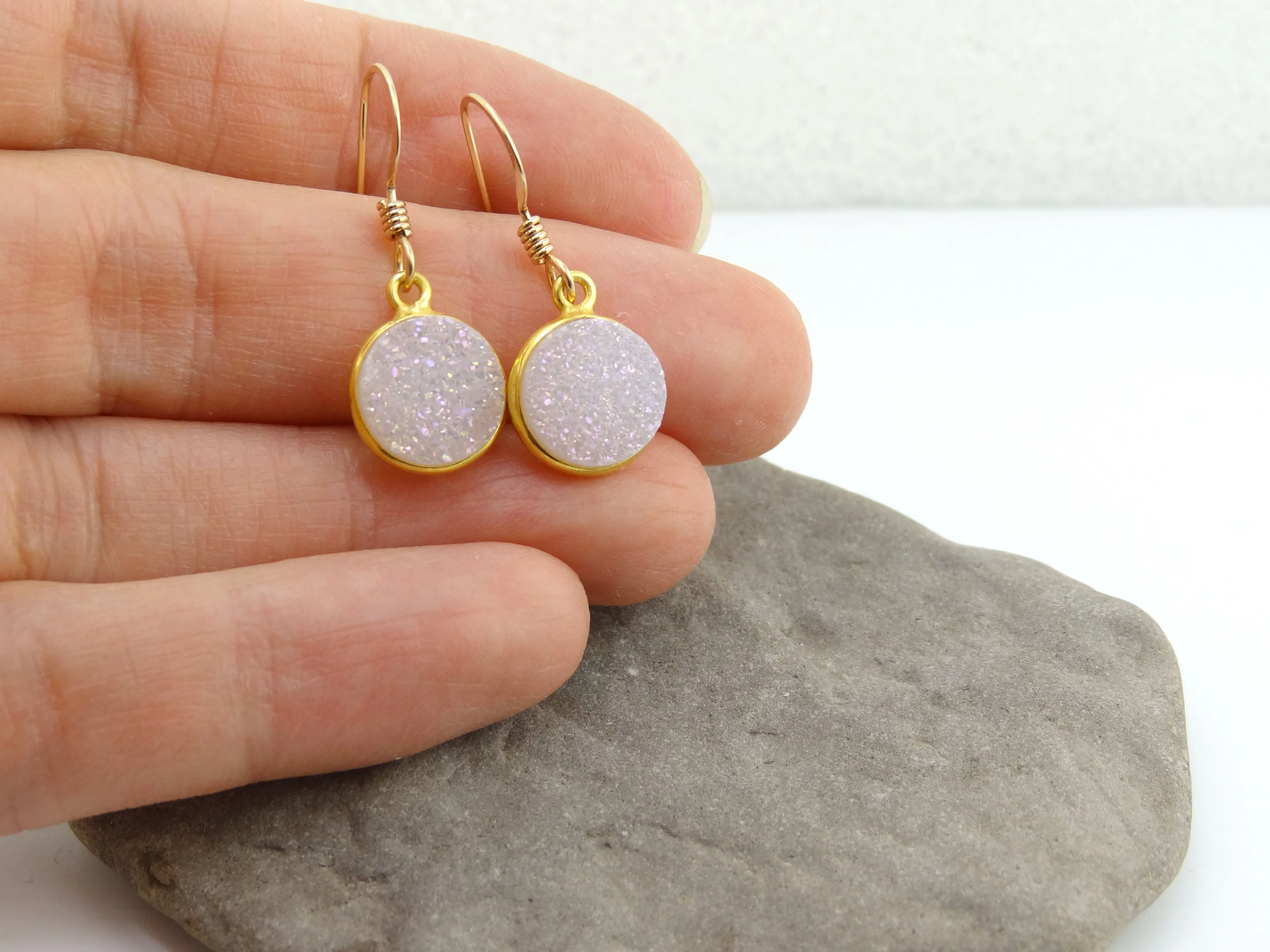 Round Druzy Earrings Iridescent Opal With Gold Trim