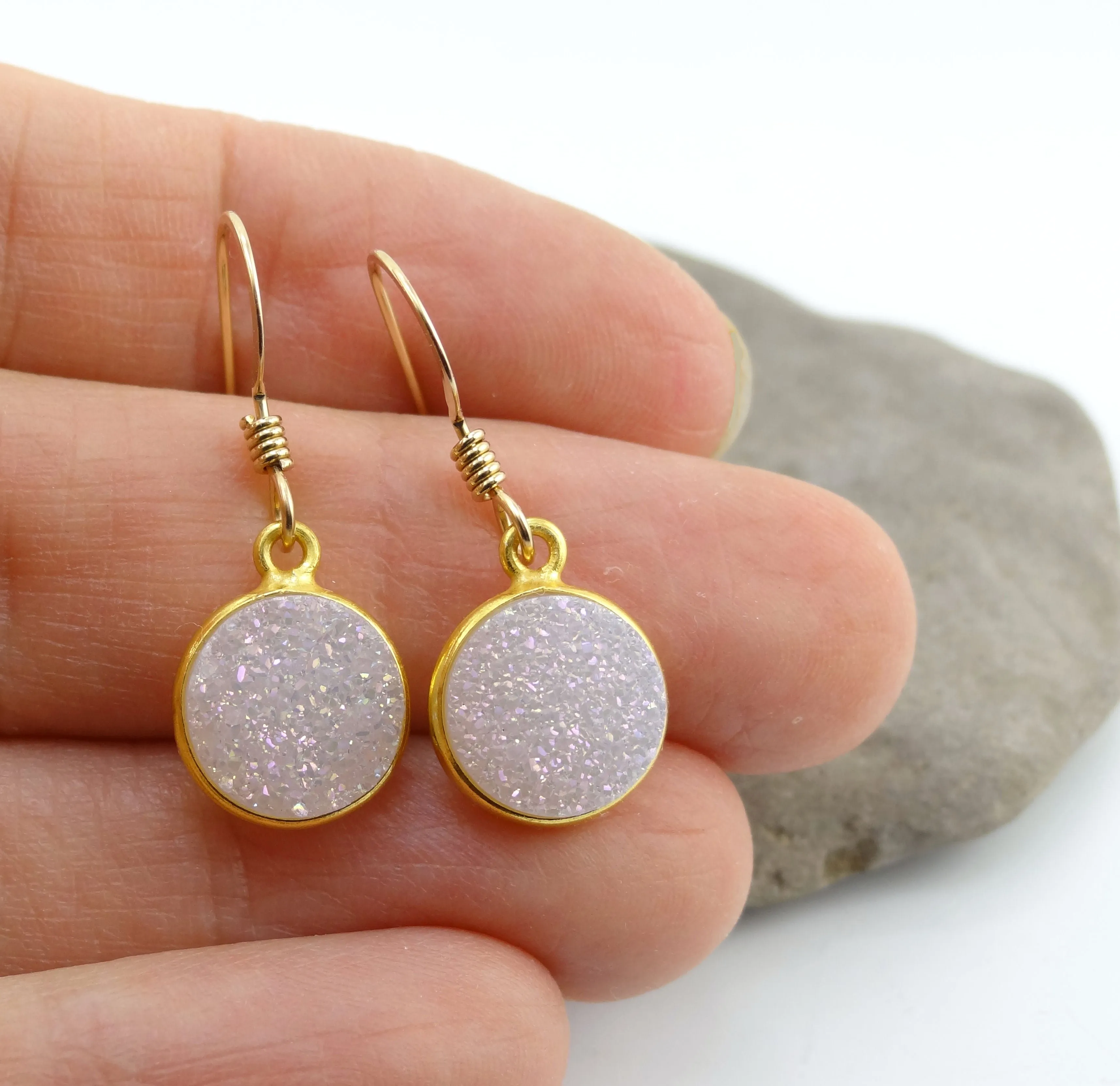 Round Druzy Earrings Iridescent Opal With Gold Trim