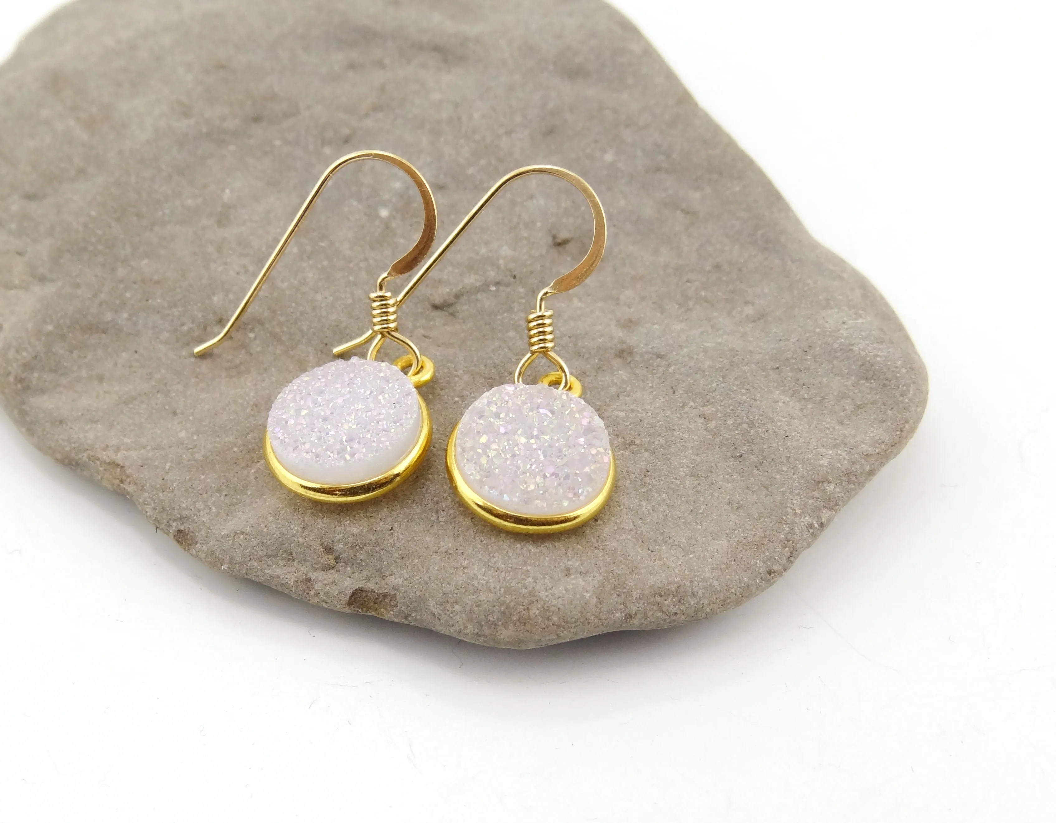 Round Druzy Earrings Iridescent Opal With Gold Trim