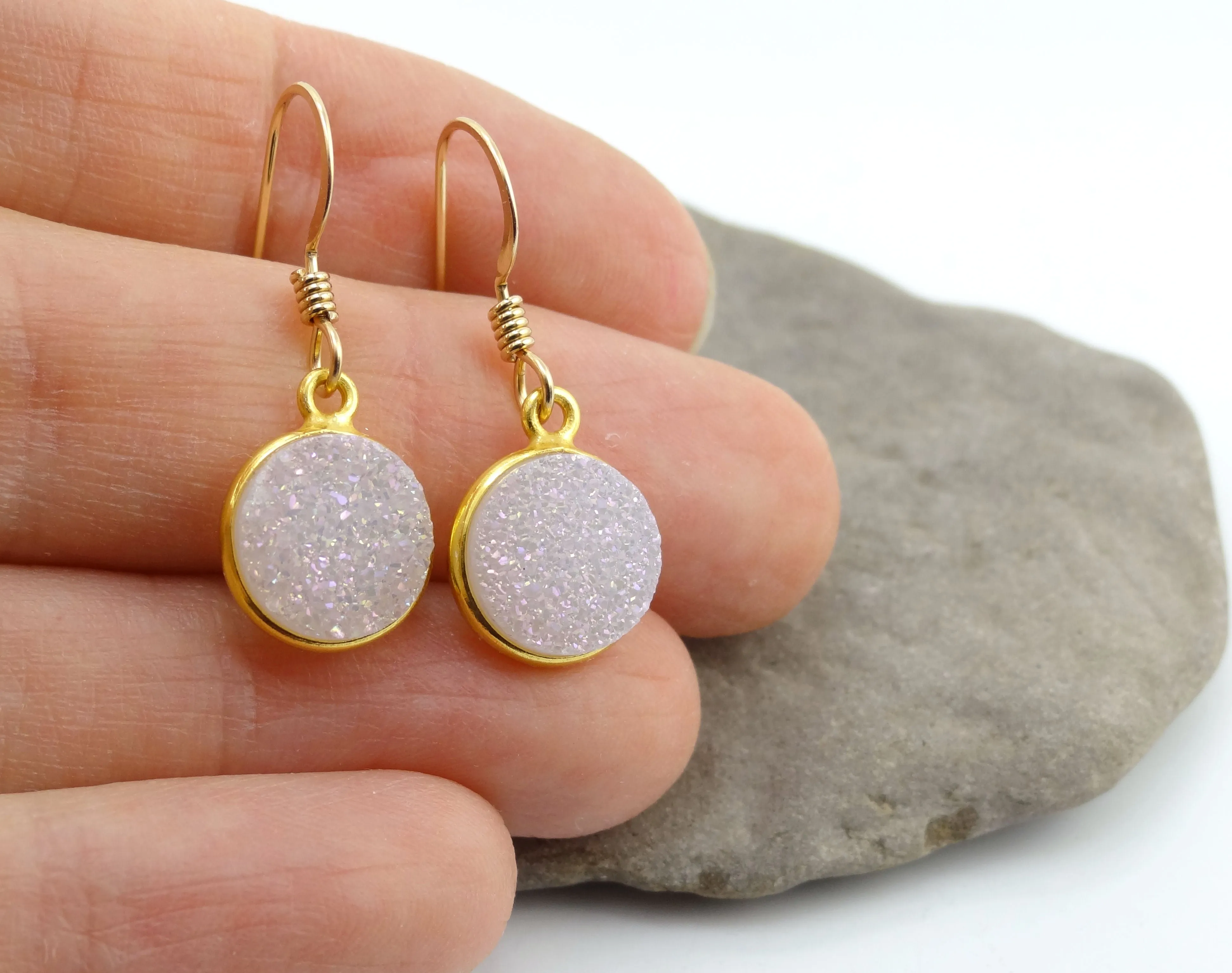 Round Druzy Earrings Iridescent Opal With Gold Trim