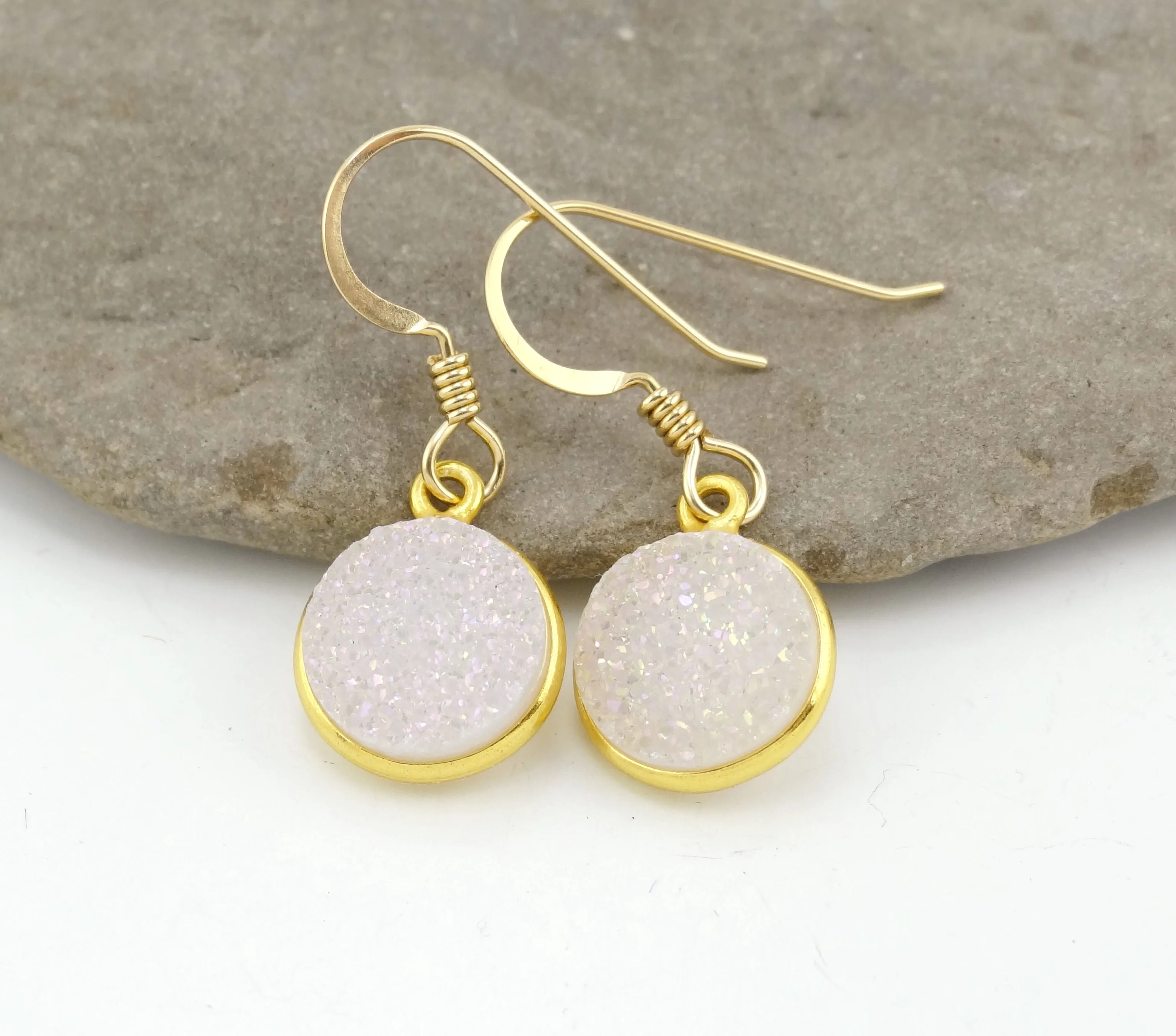 Round Druzy Earrings Iridescent Opal With Gold Trim