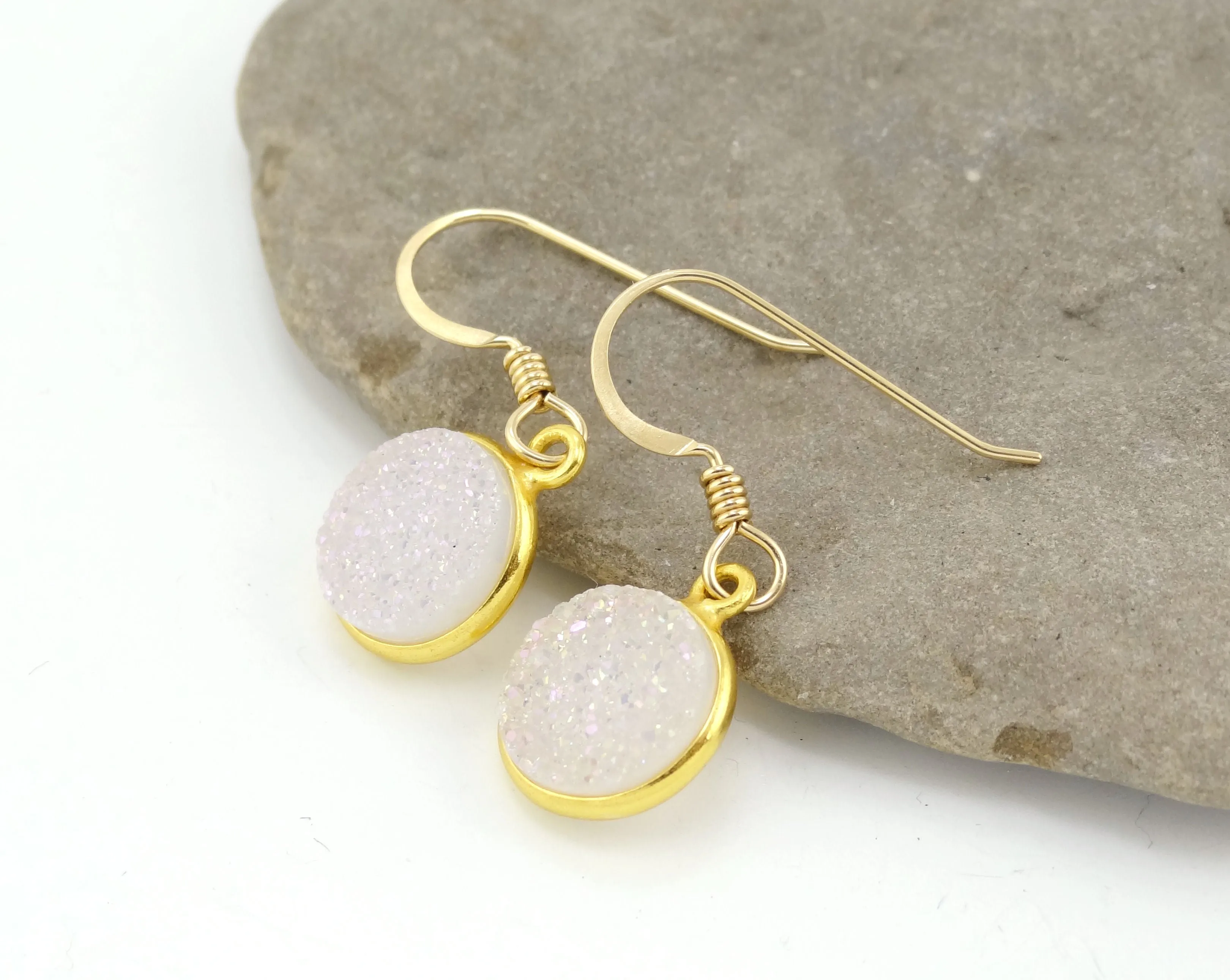 Round Druzy Earrings Iridescent Opal With Gold Trim