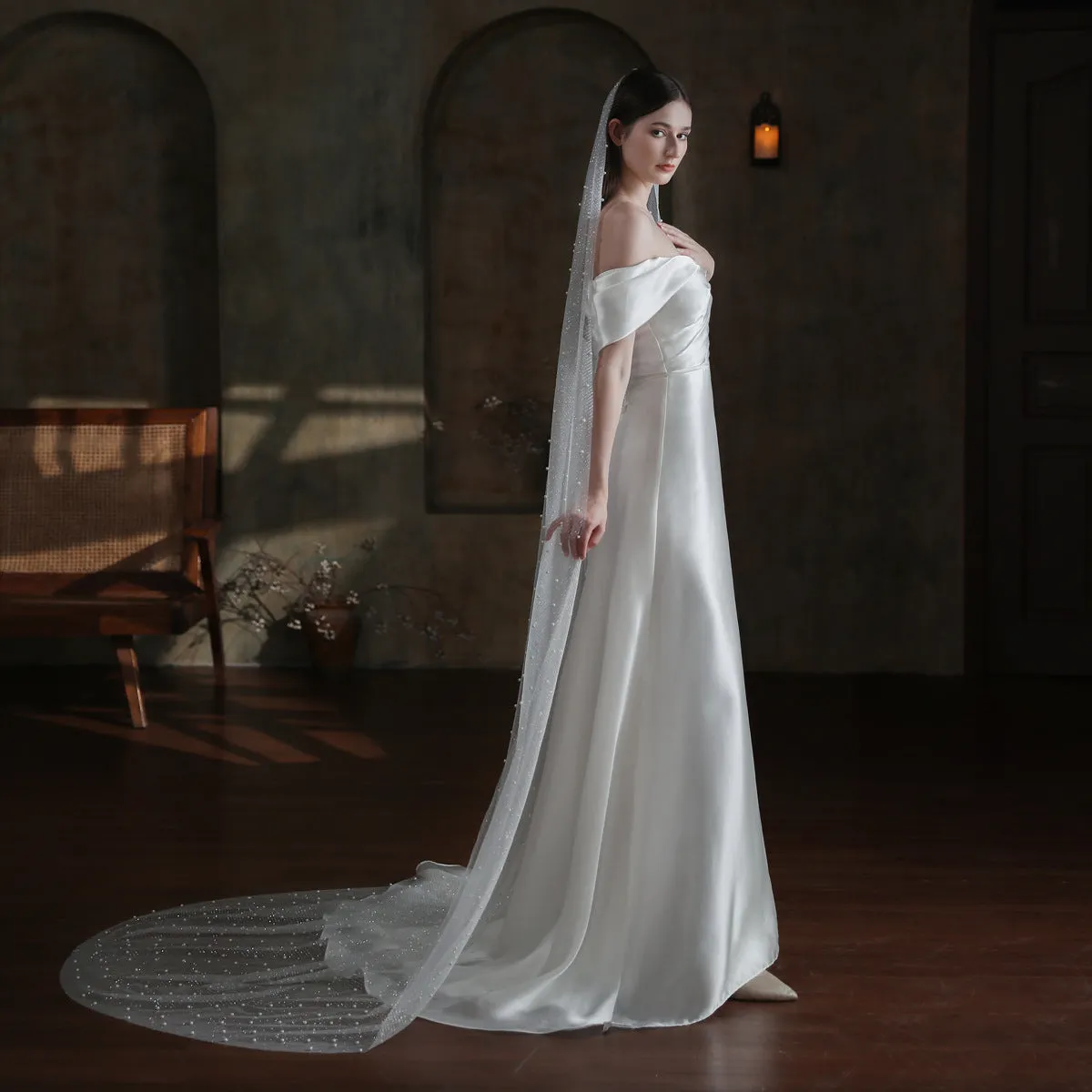 Roycebridal Sparkly Long Tulle Pearl Veil for Brides Viniodress V873