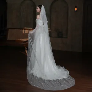 Roycebridal Sparkly Long Tulle Pearl Veil for Brides Viniodress V873