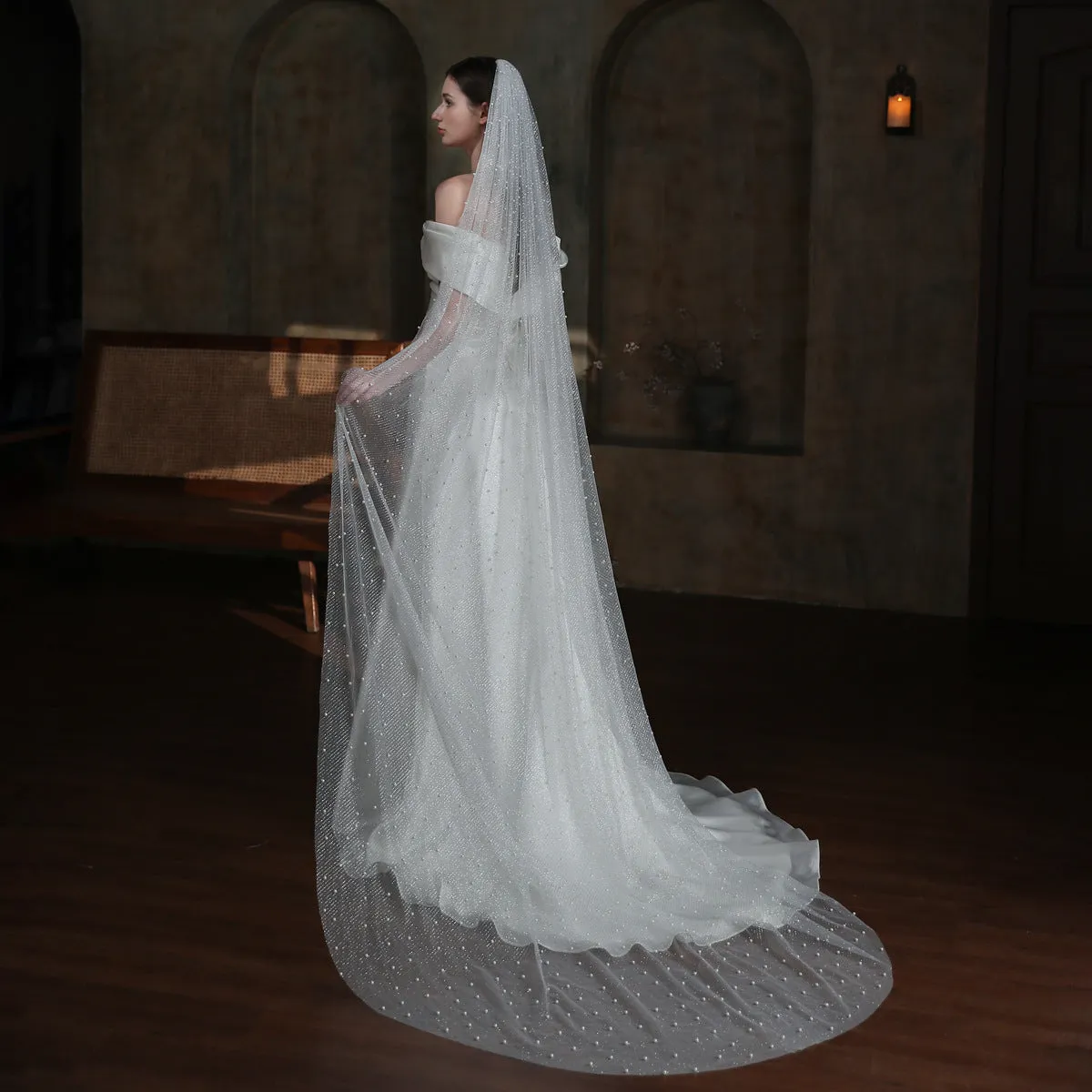 Roycebridal Sparkly Long Tulle Pearl Veil for Brides Viniodress V873
