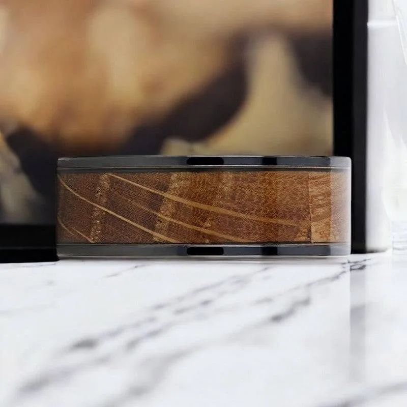 SCOTCH | Black Ceramic Ring, Whiskey Barrel Wood Inlay, Flat Polished Edges