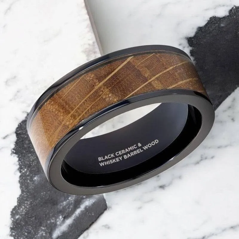 SCOTCH | Black Ceramic Ring, Whiskey Barrel Wood Inlay, Flat Polished Edges