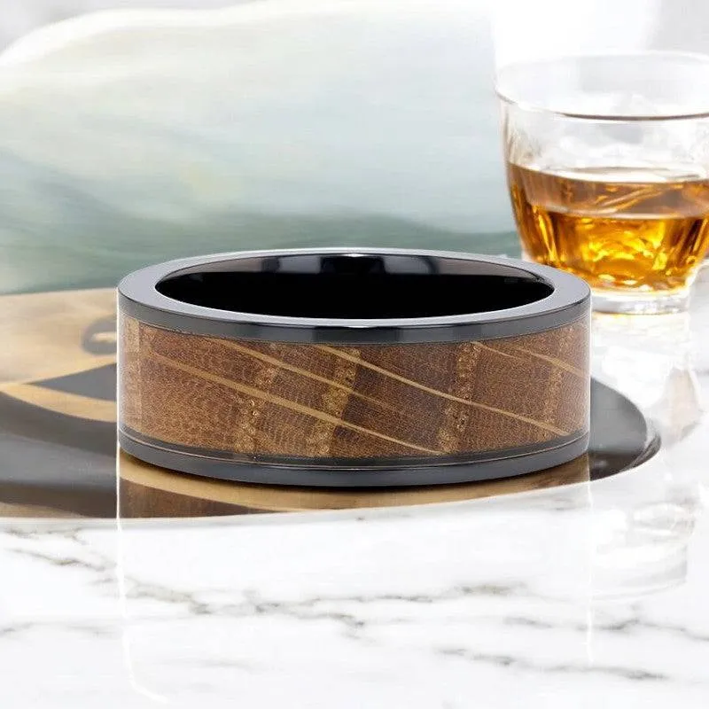 SCOTCH | Black Ceramic Ring, Whiskey Barrel Wood Inlay, Flat Polished Edges