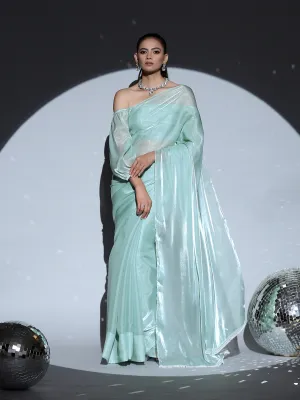 SET | Blue Pearl Organza Saree   Blue Organza Blouse   Pearl drop Belt