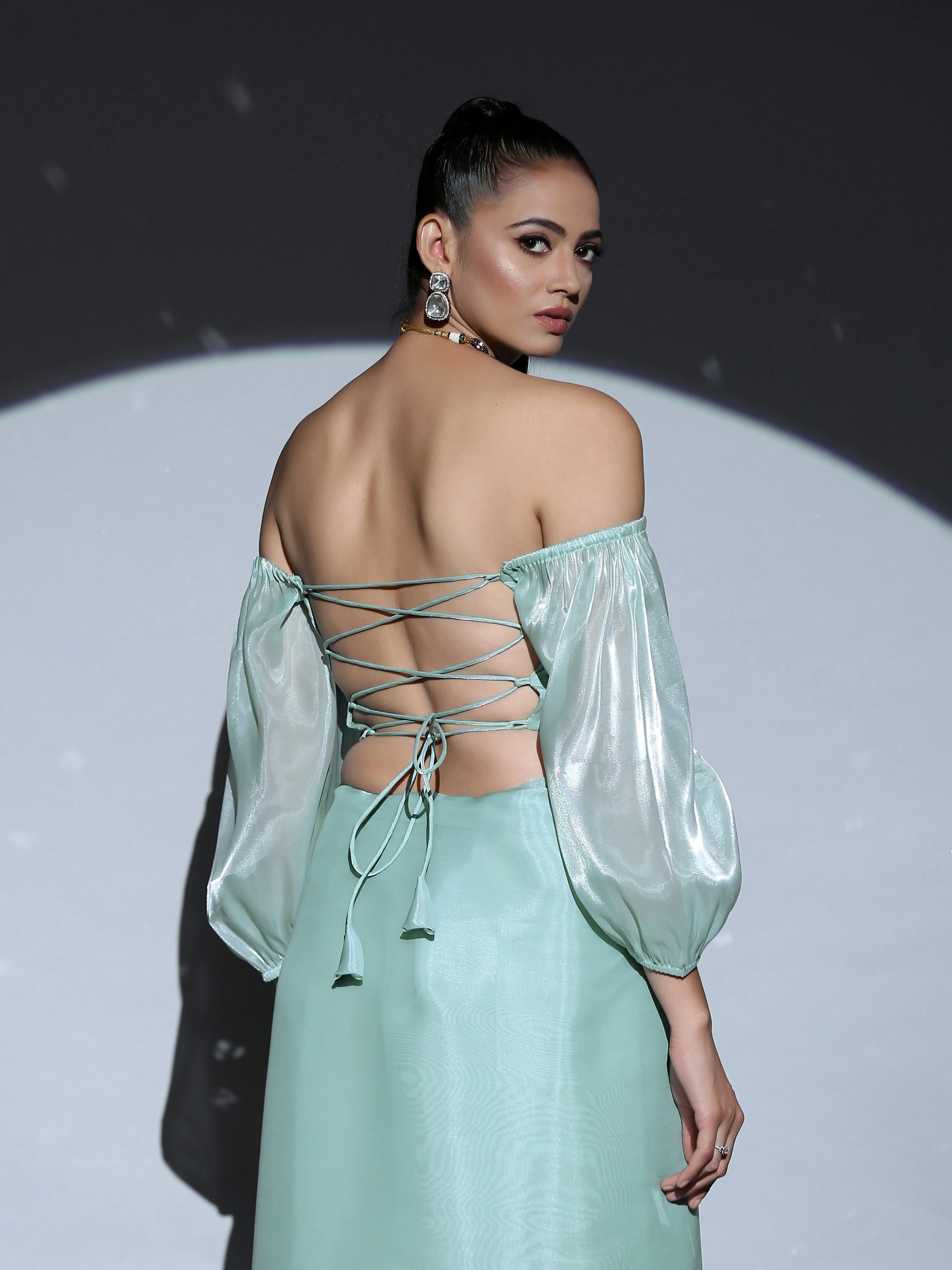 SET | Blue Pearl Organza Saree   Blue Organza Blouse   Pearl drop Belt
