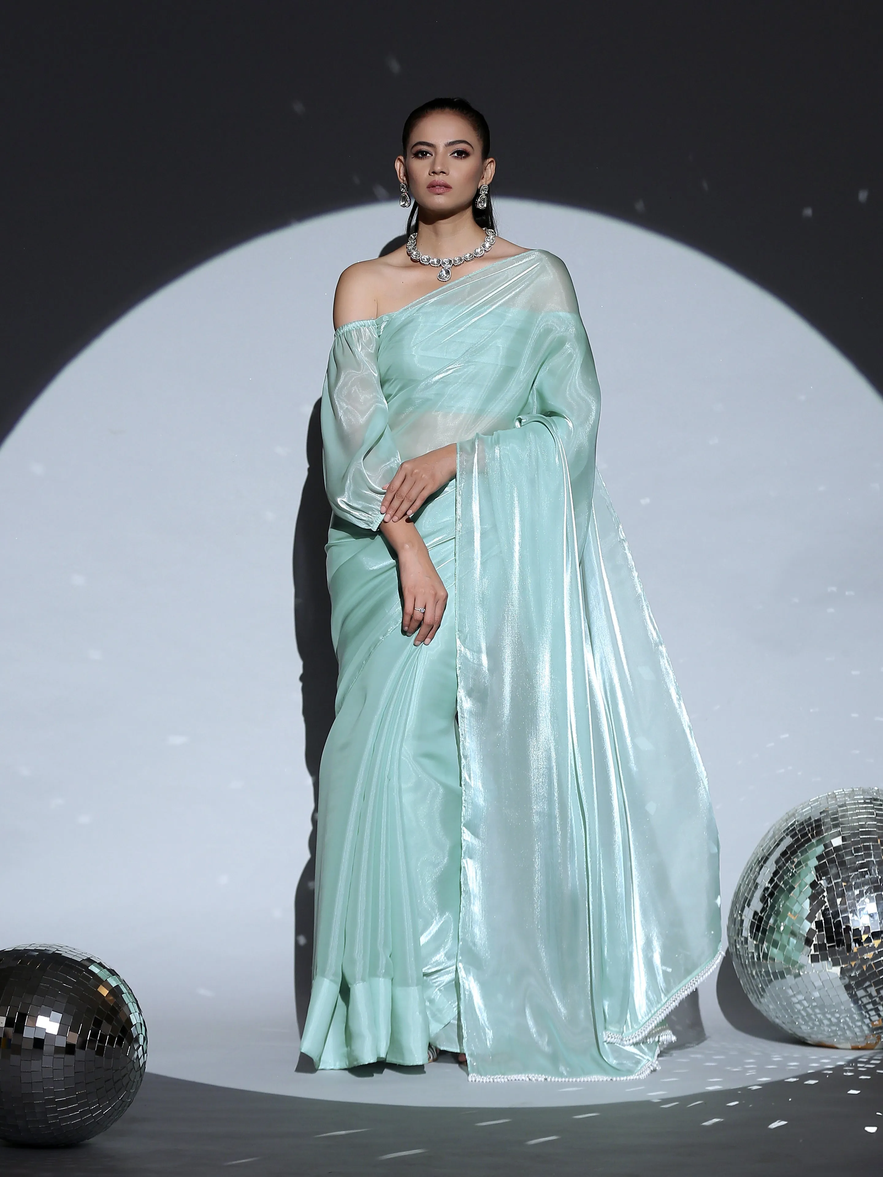 SET | Blue Pearl Organza Saree   Blue Organza Blouse   Pearl drop Belt