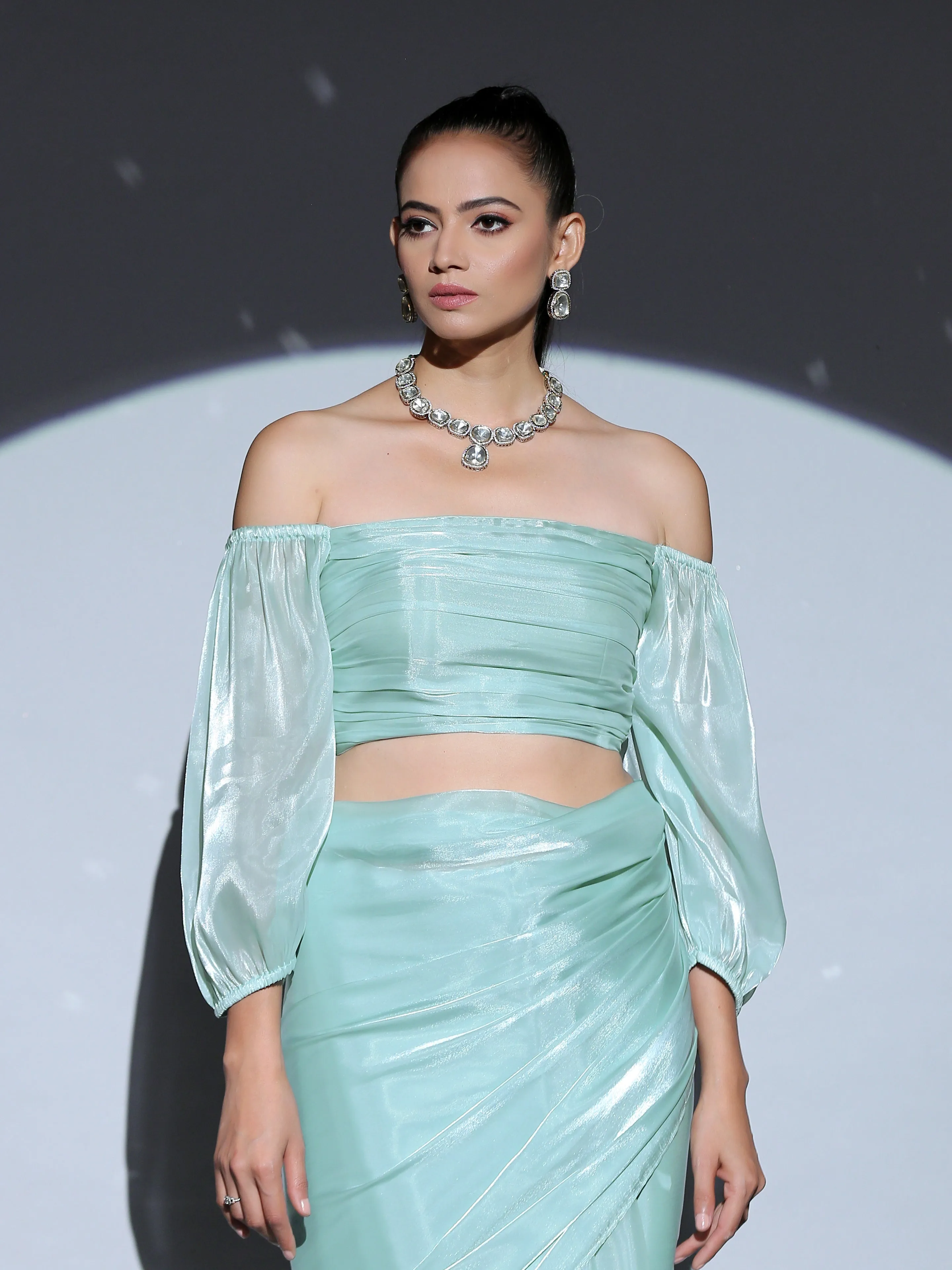 SET | Blue Pearl Organza Saree   Blue Organza Blouse   Pearl drop Belt