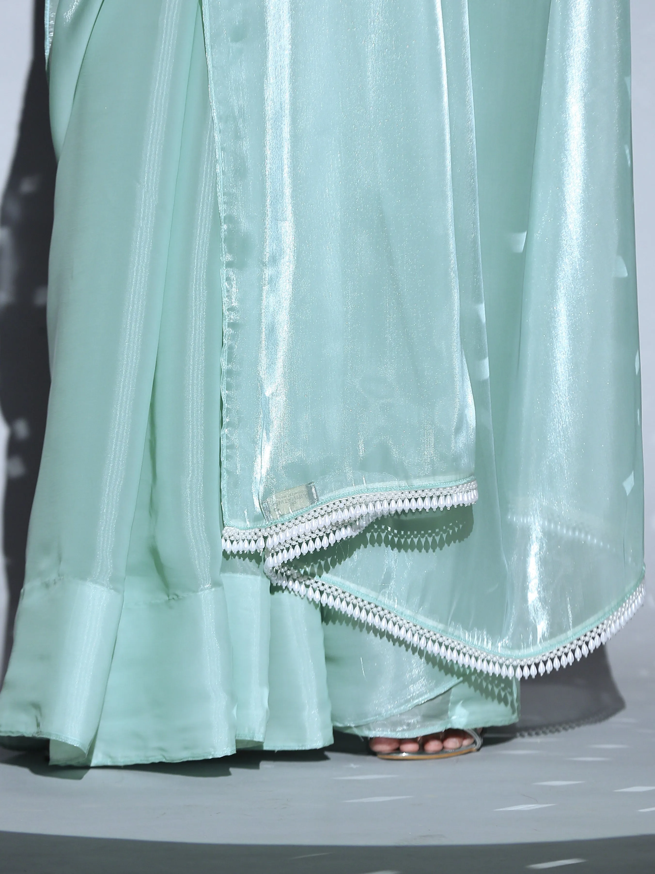 SET | Blue Pearl Organza Saree   Blue Organza Blouse   Pearl drop Belt