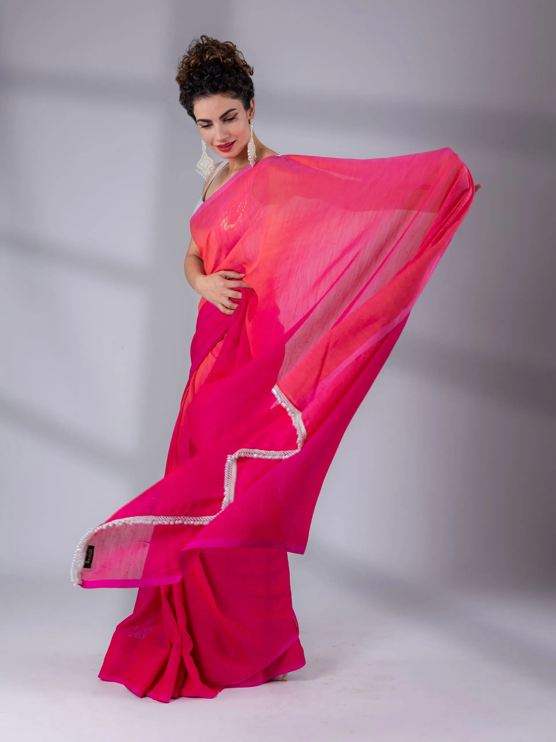 SET I Spring Pink Ombre Saree with Iridescent Sequin Square Neck Blouse - 2 Piece