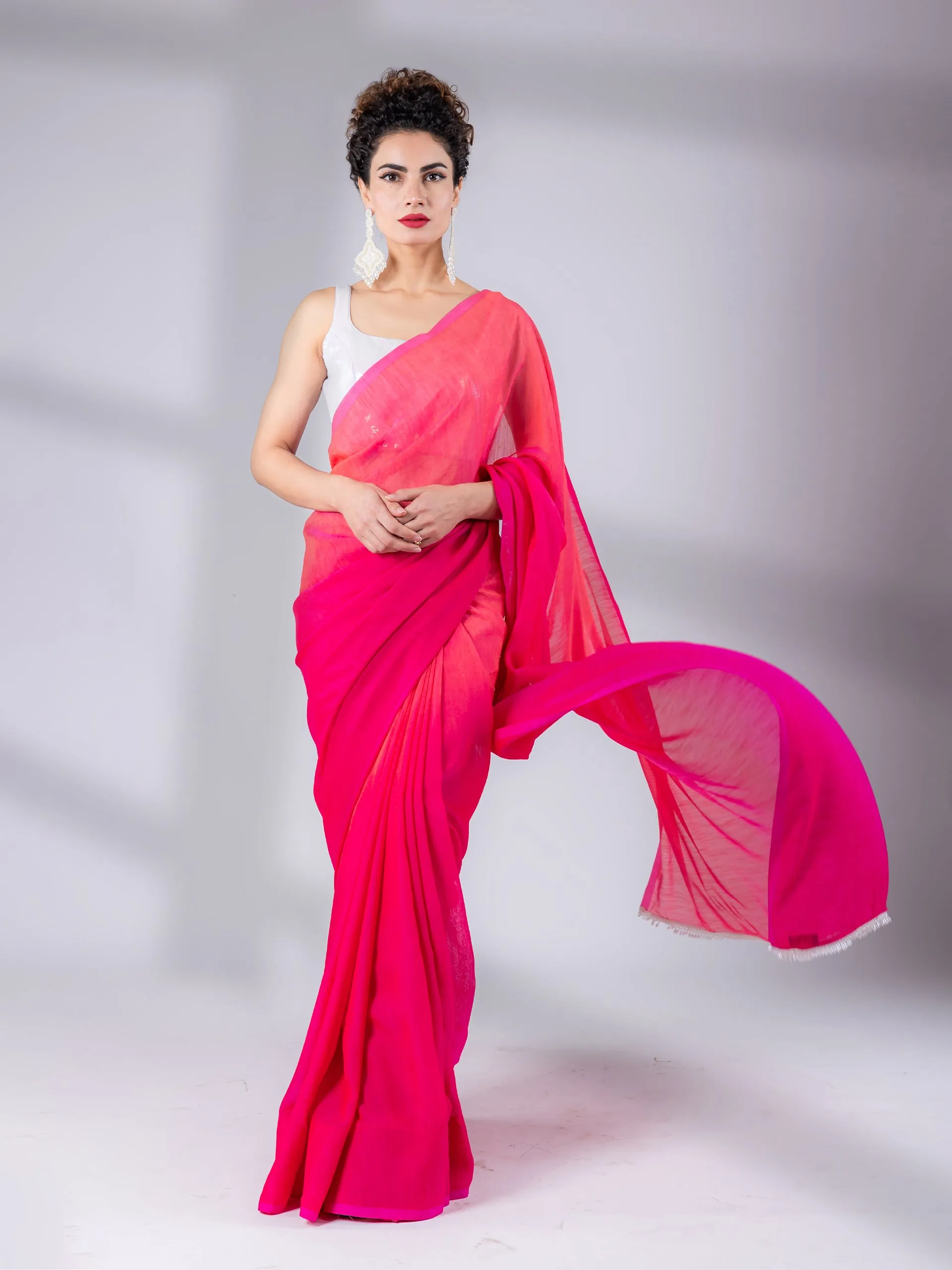 SET I Spring Pink Ombre Saree with Iridescent Sequin Square Neck Blouse - 2 Piece