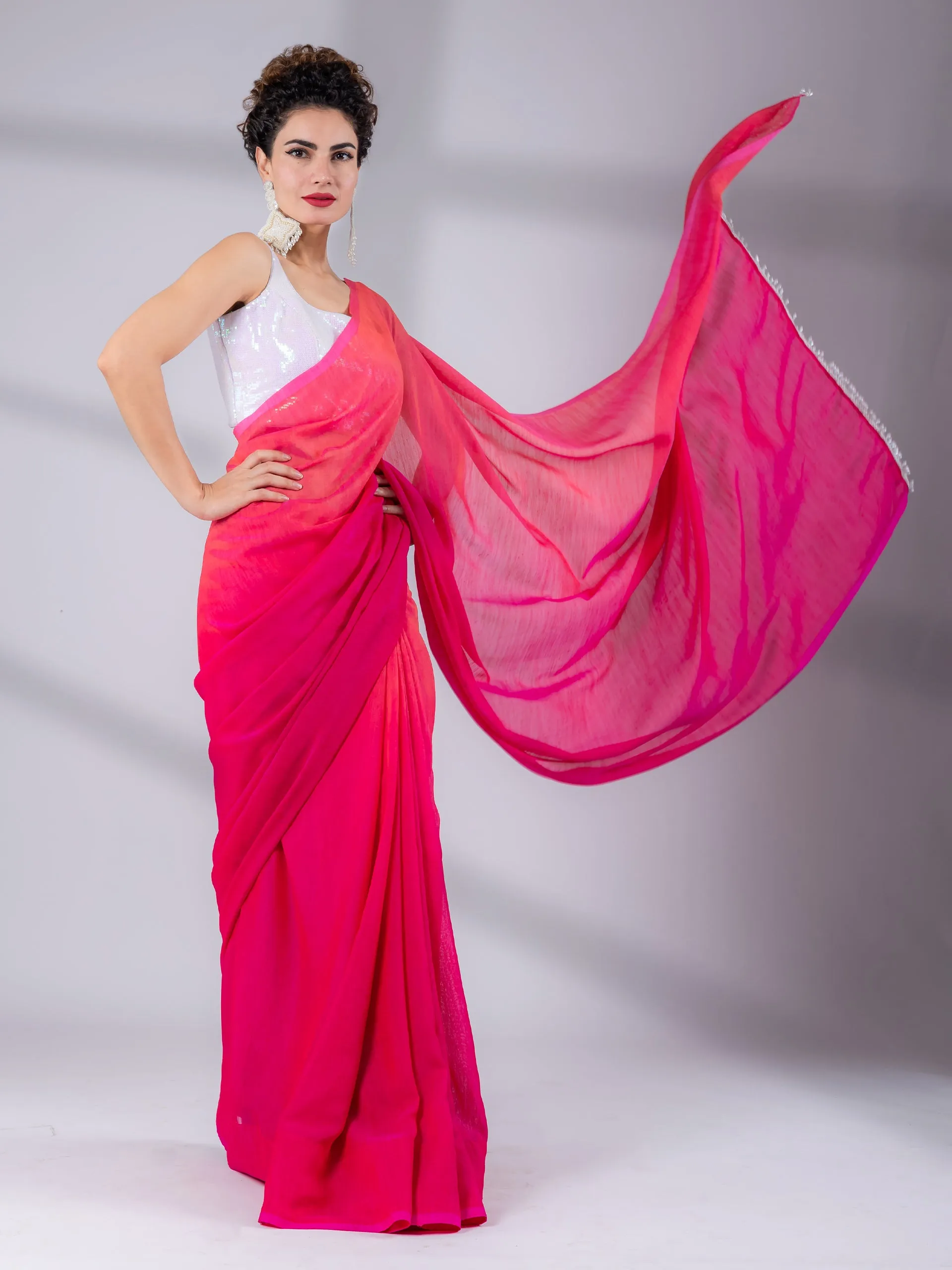 SET I Spring Pink Ombre Saree with Iridescent Sequin Square Neck Blouse - 2 Piece
