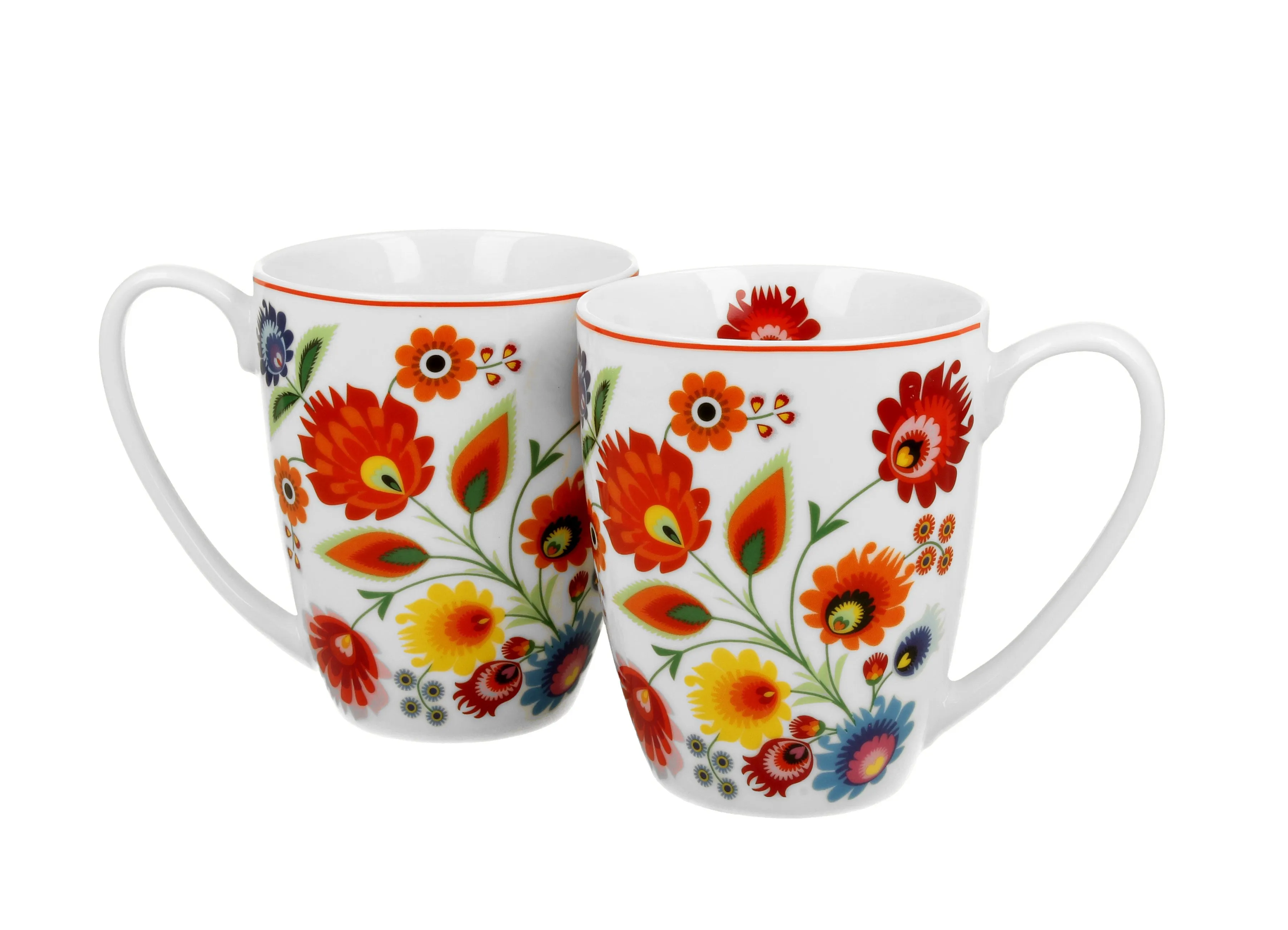 Set of 2 Polish Folk Art Porcelain Bullet Mugs, 380ml - Lowicz White