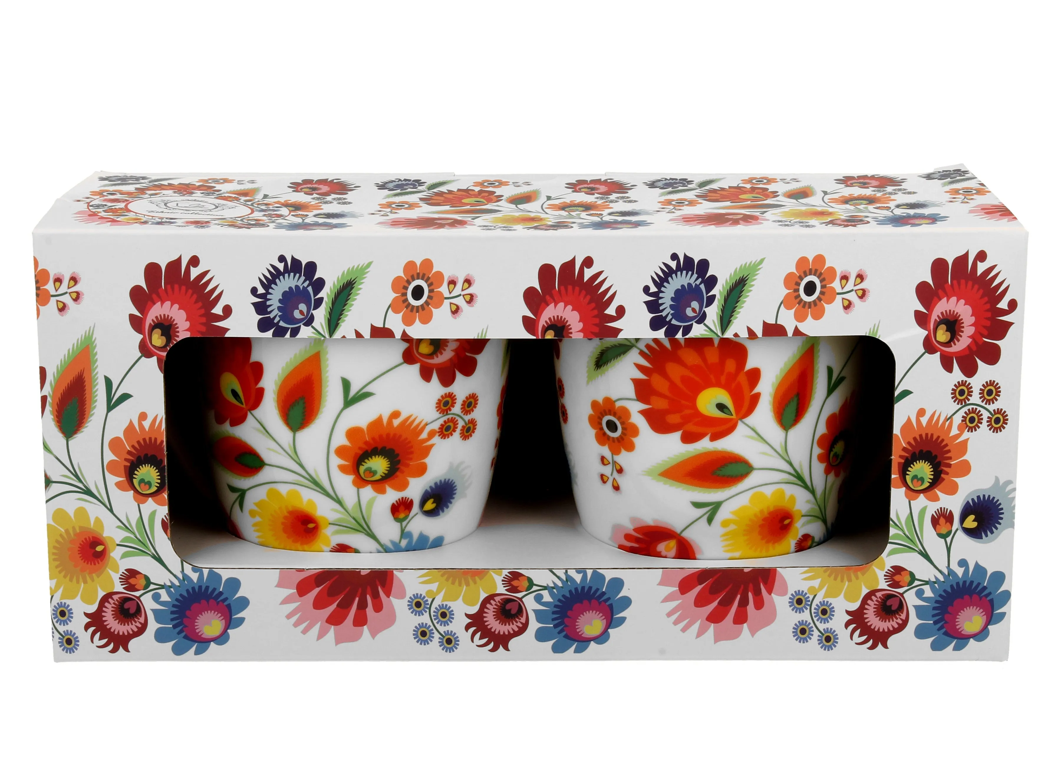 Set of 2 Polish Folk Art Porcelain Bullet Mugs, 380ml - Lowicz White