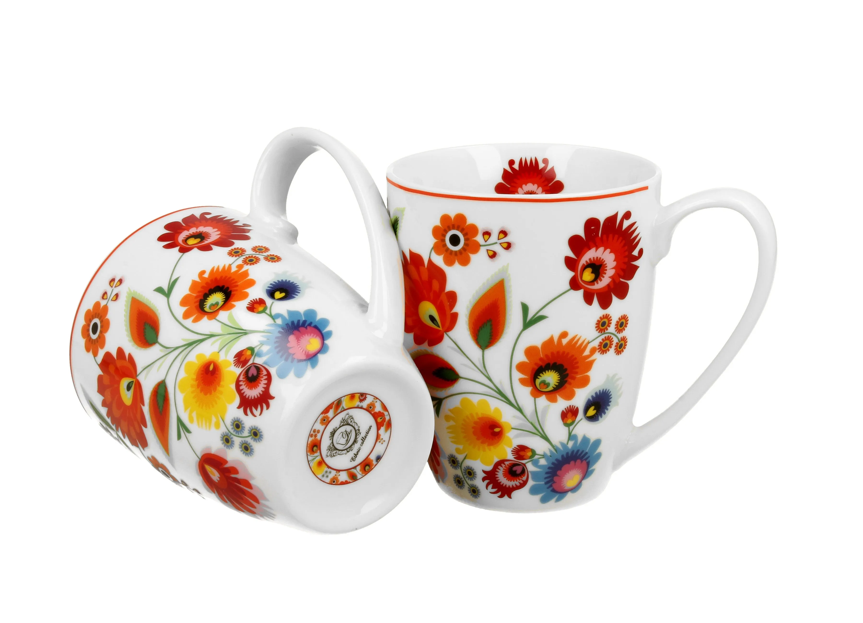 Set of 2 Polish Folk Art Porcelain Bullet Mugs, 380ml - Lowicz White