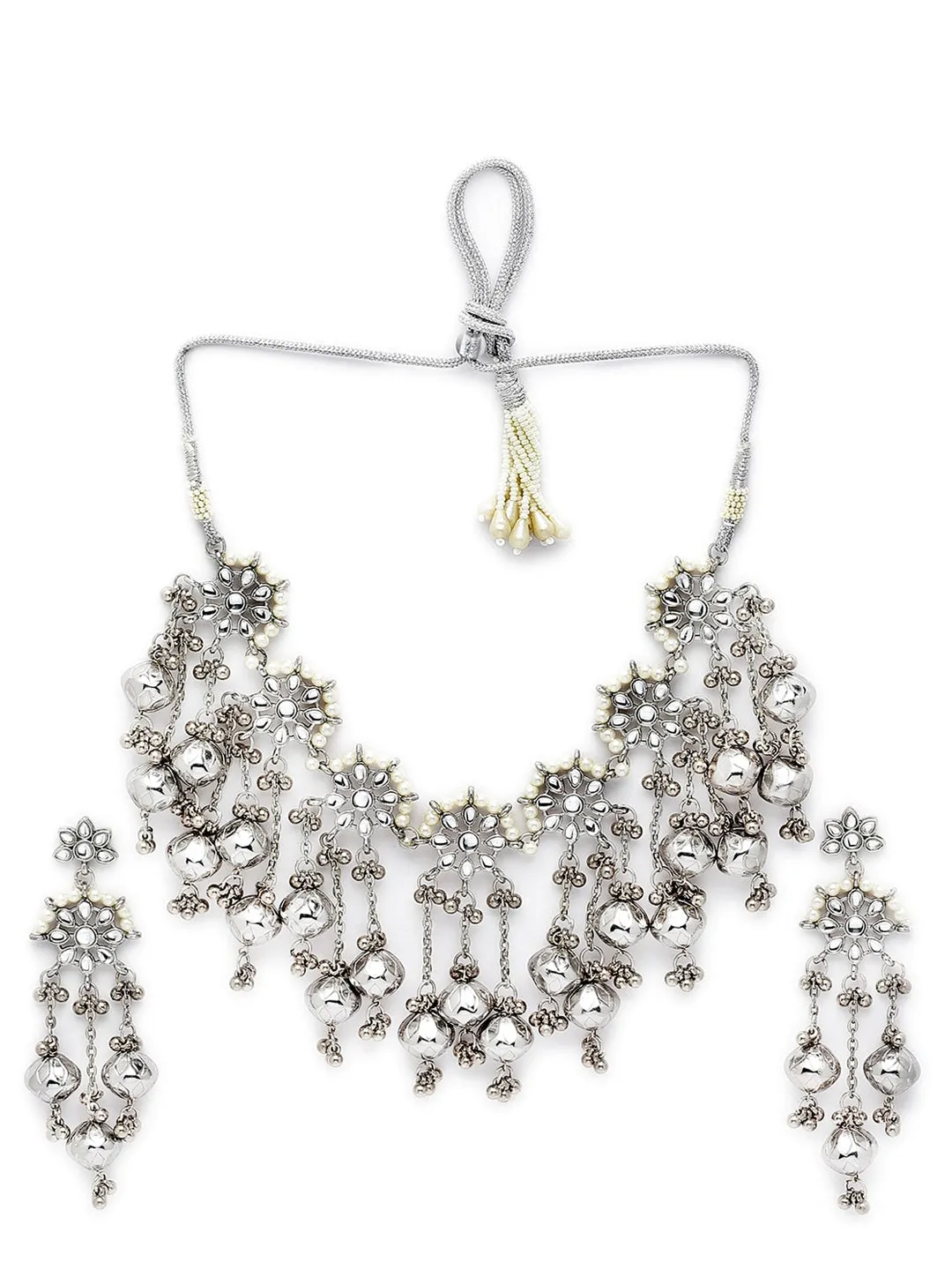Silver-Plated Oxidised Kundan Studded Choker Jewellery Set