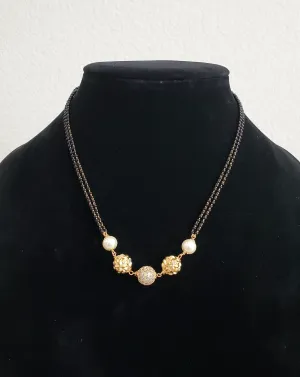 Simple Pearl and Nakishi Balls Black Bead Chain With Cz Pendant