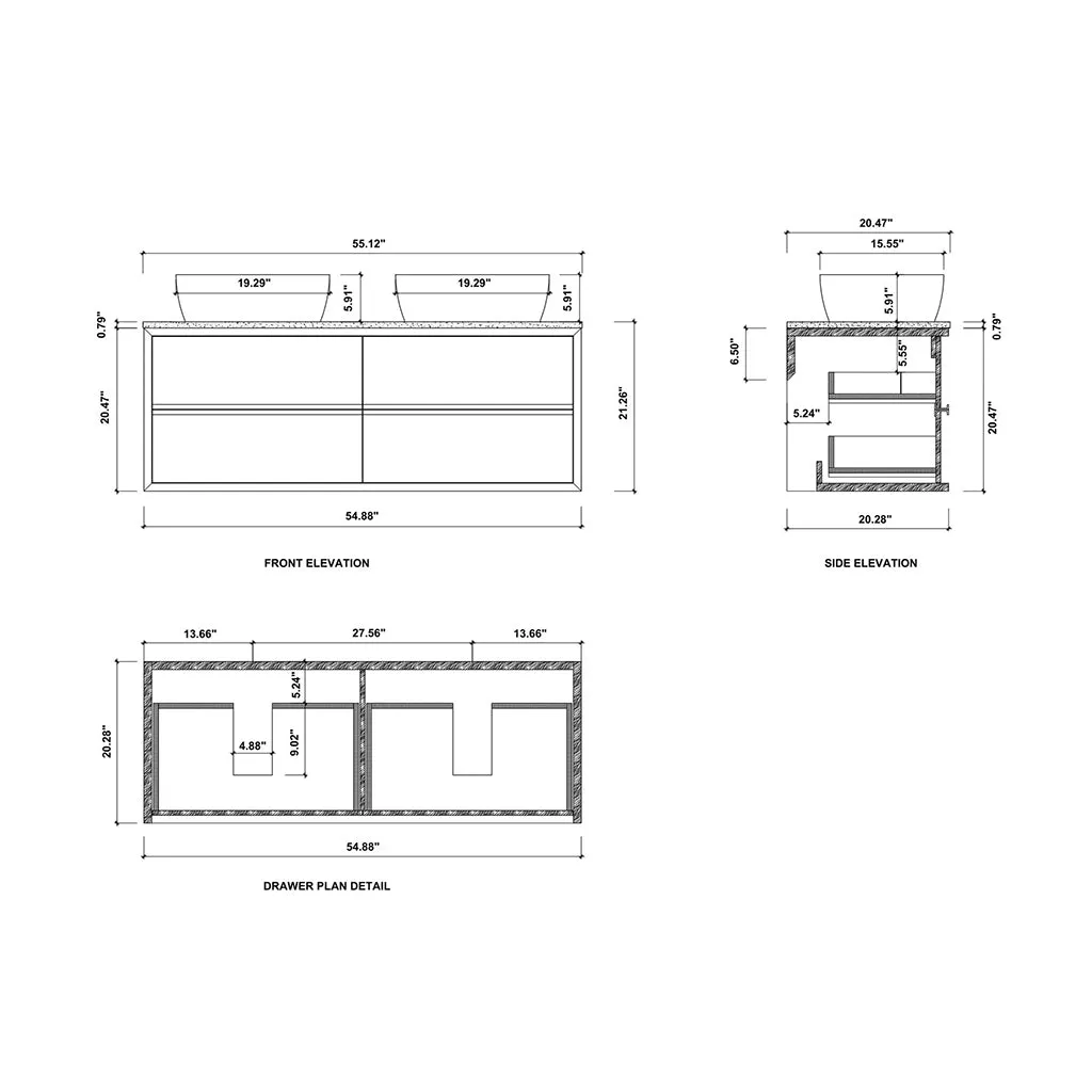 Sintra 4 Drawers Bathroom Vanity with Quartz Top and Vessel Sink - Wall Mount - 55" Wood/Dark Walnut