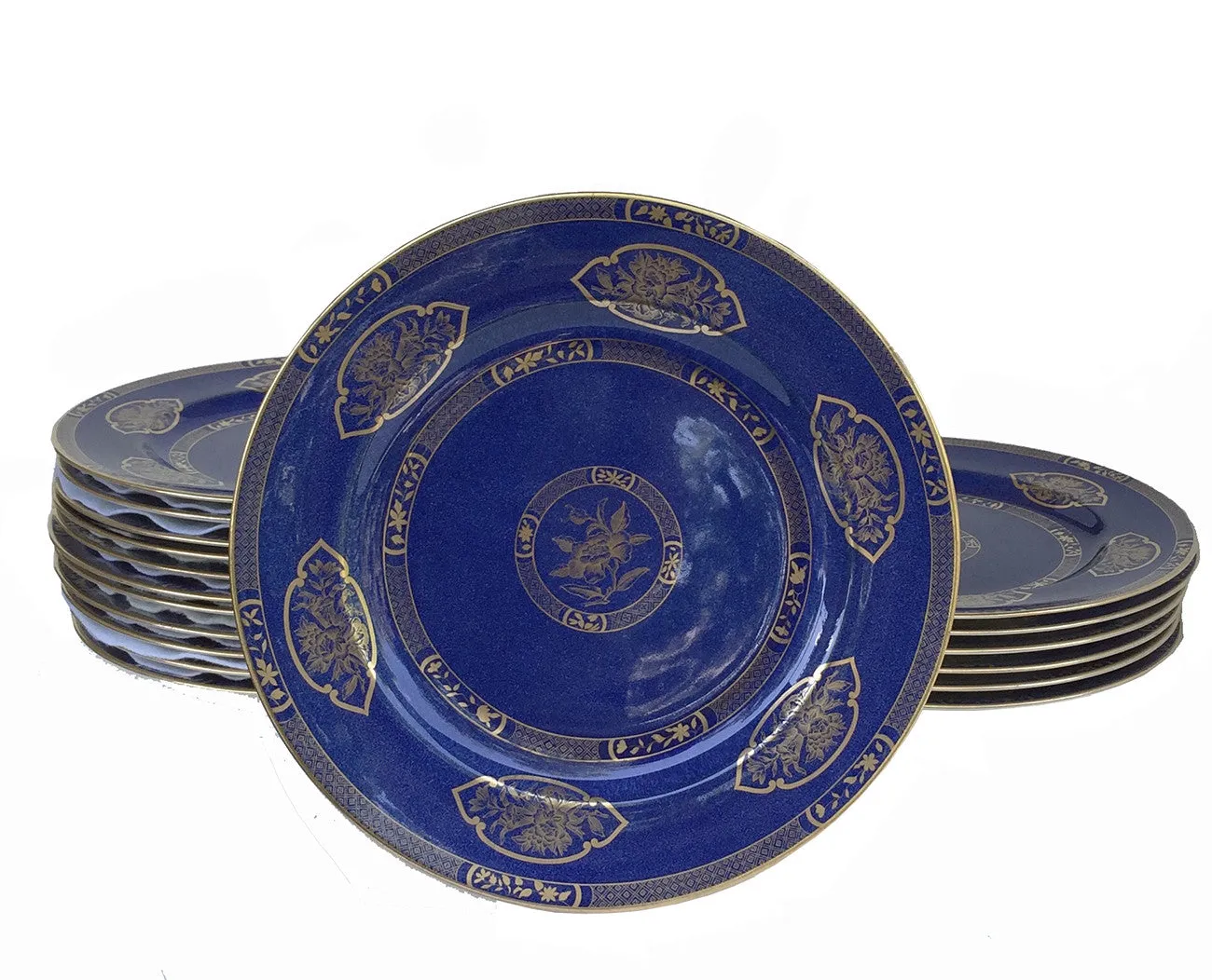 SOLD Wedgwood Bone China Set of 18 Powder-Blue Ground Chinoiserie Dinner Plates, circa 1930