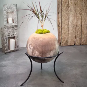 Sphere Planter with Iron Stand. Vintage Terracotta pot.