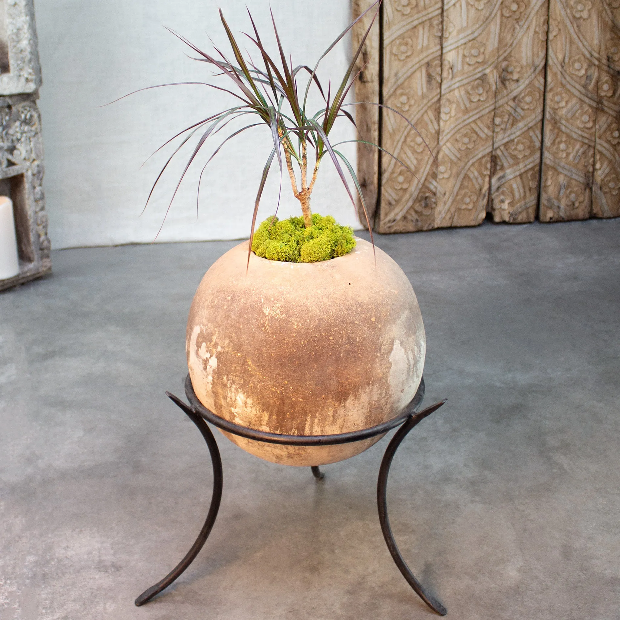 Sphere Planter with Iron Stand. Vintage Terracotta pot.