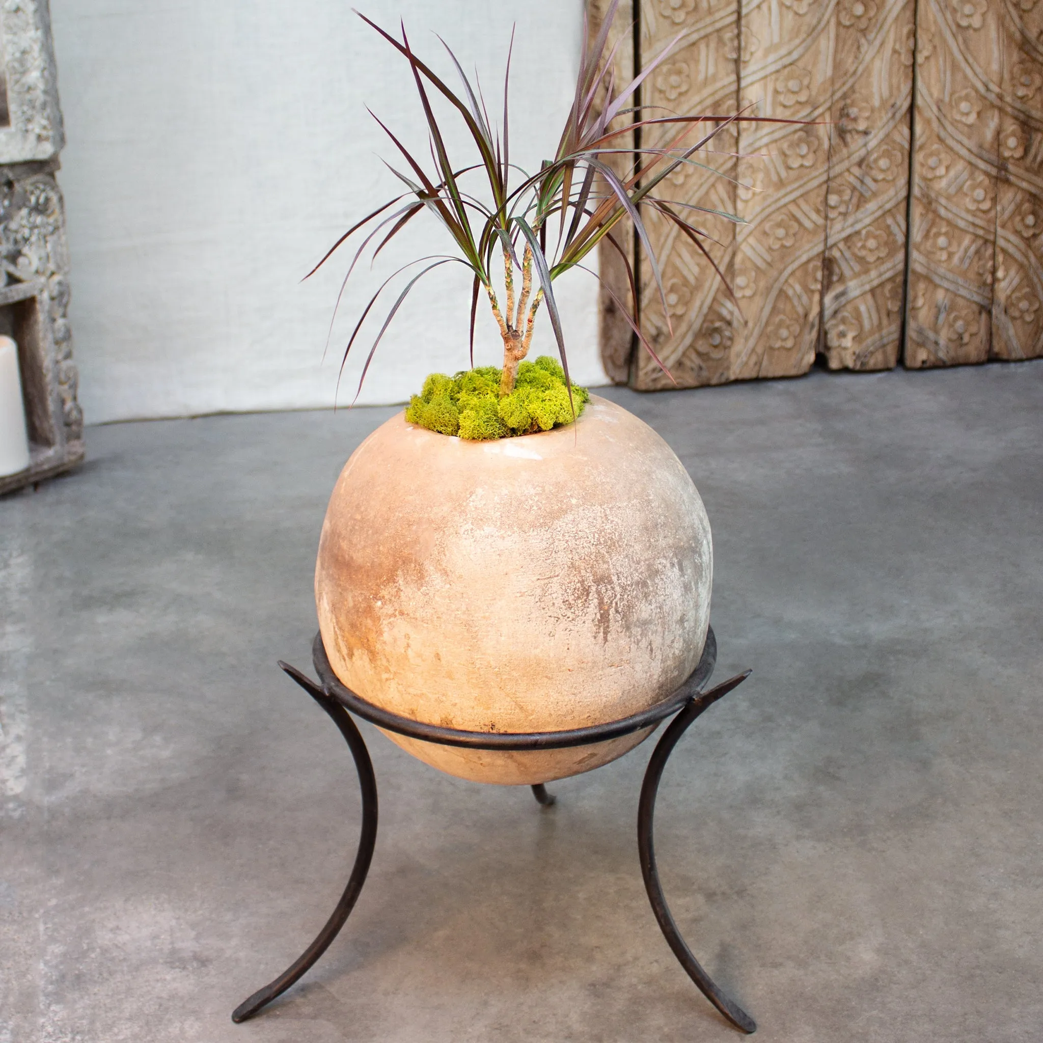 Sphere Planter with Iron Stand. Vintage Terracotta pot.