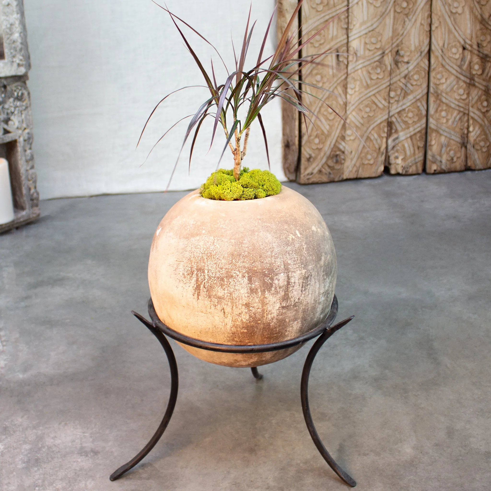 Sphere Planter with Iron Stand. Vintage Terracotta pot.