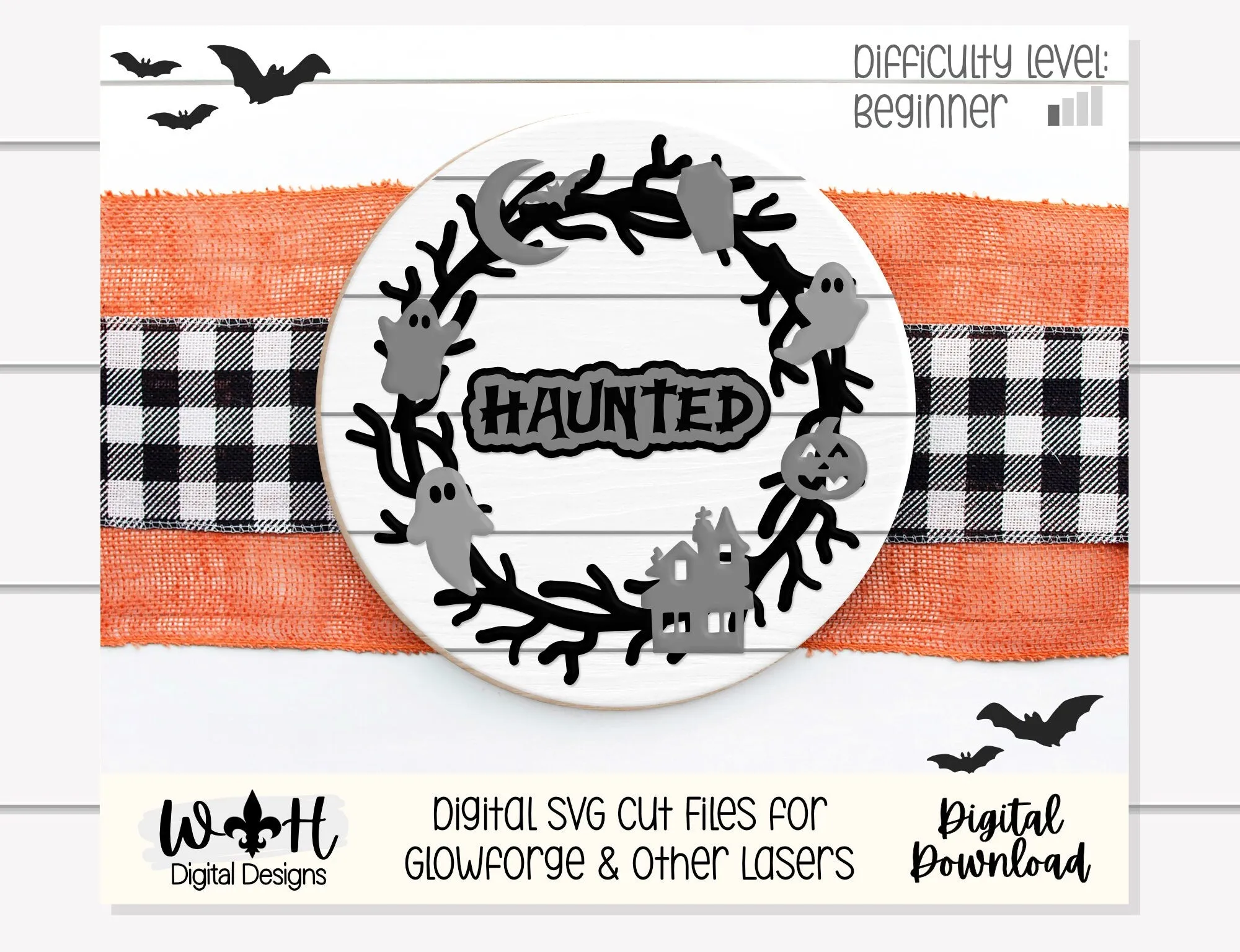 Spooky Haunted Halloween Wreath Door Hanger Round - Seasonal Sign Making and DIY Kits - Cut File For Glowforge Lasers - Digital SVG File