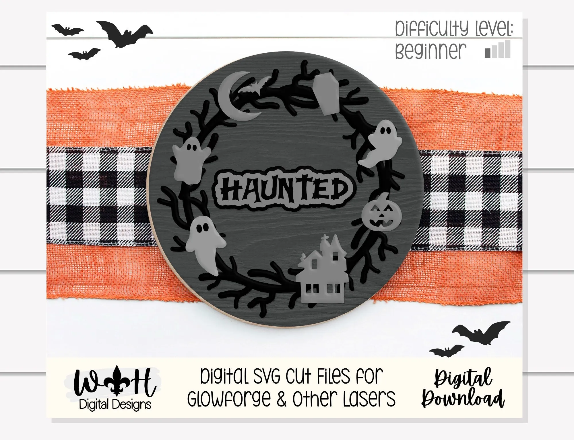 Spooky Haunted Halloween Wreath Door Hanger Round - Seasonal Sign Making and DIY Kits - Cut File For Glowforge Lasers - Digital SVG File