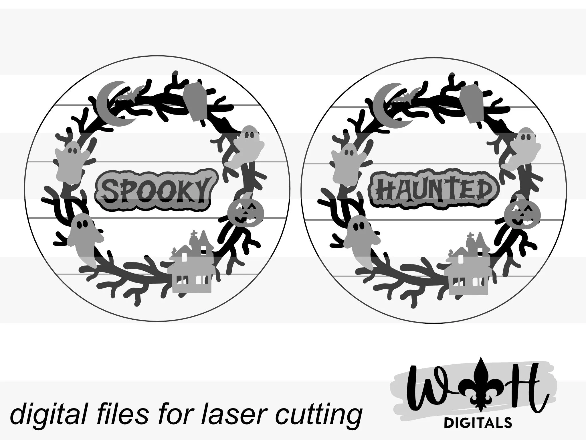 Spooky Haunted Halloween Wreath Door Hanger Round - Seasonal Sign Making and DIY Kits - Cut File For Glowforge Lasers - Digital SVG File